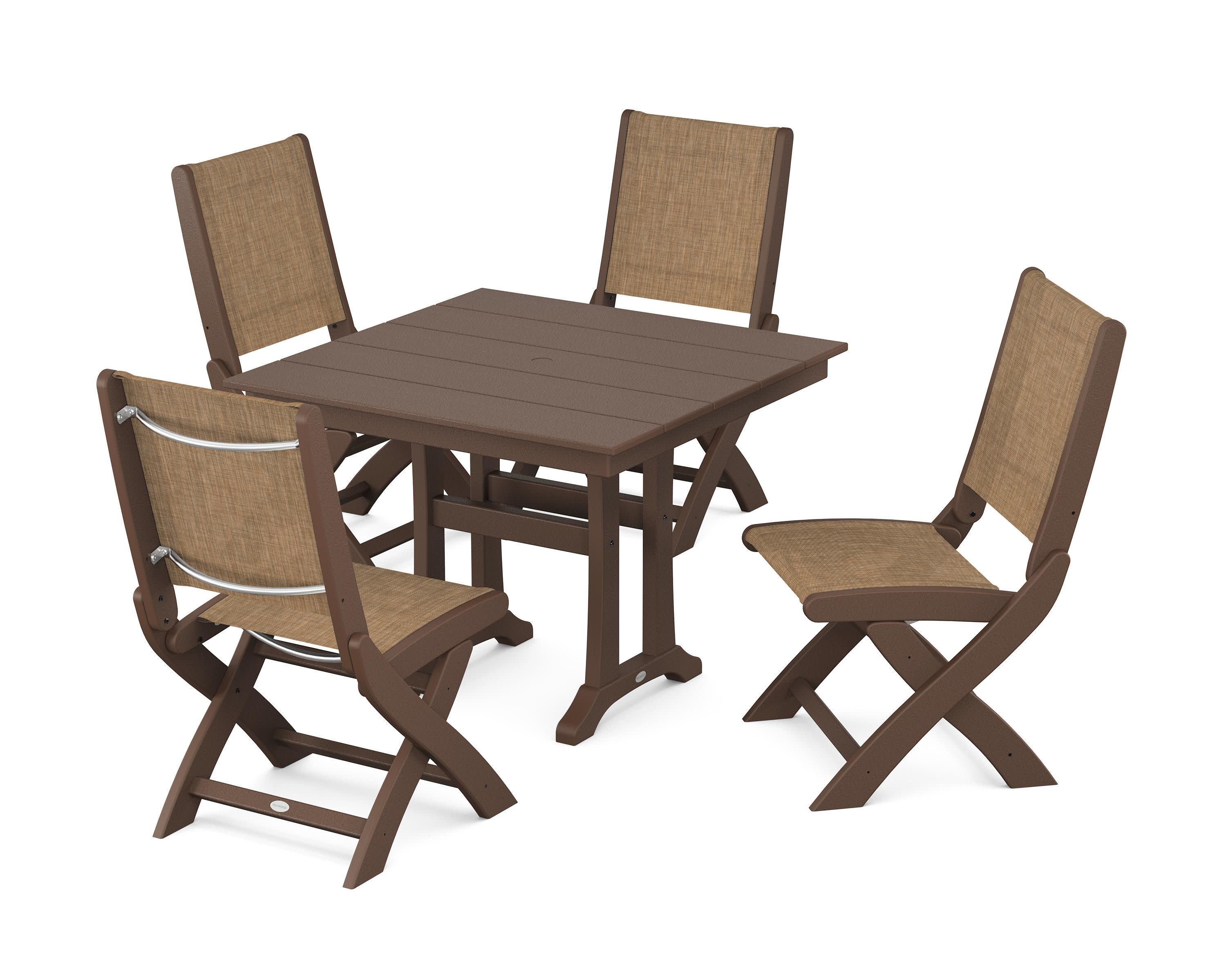 Coastal Folding Side Chair 5-Piece Farmhouse Dining Set With Trestle Legs in Mahogany / Burlap Sling