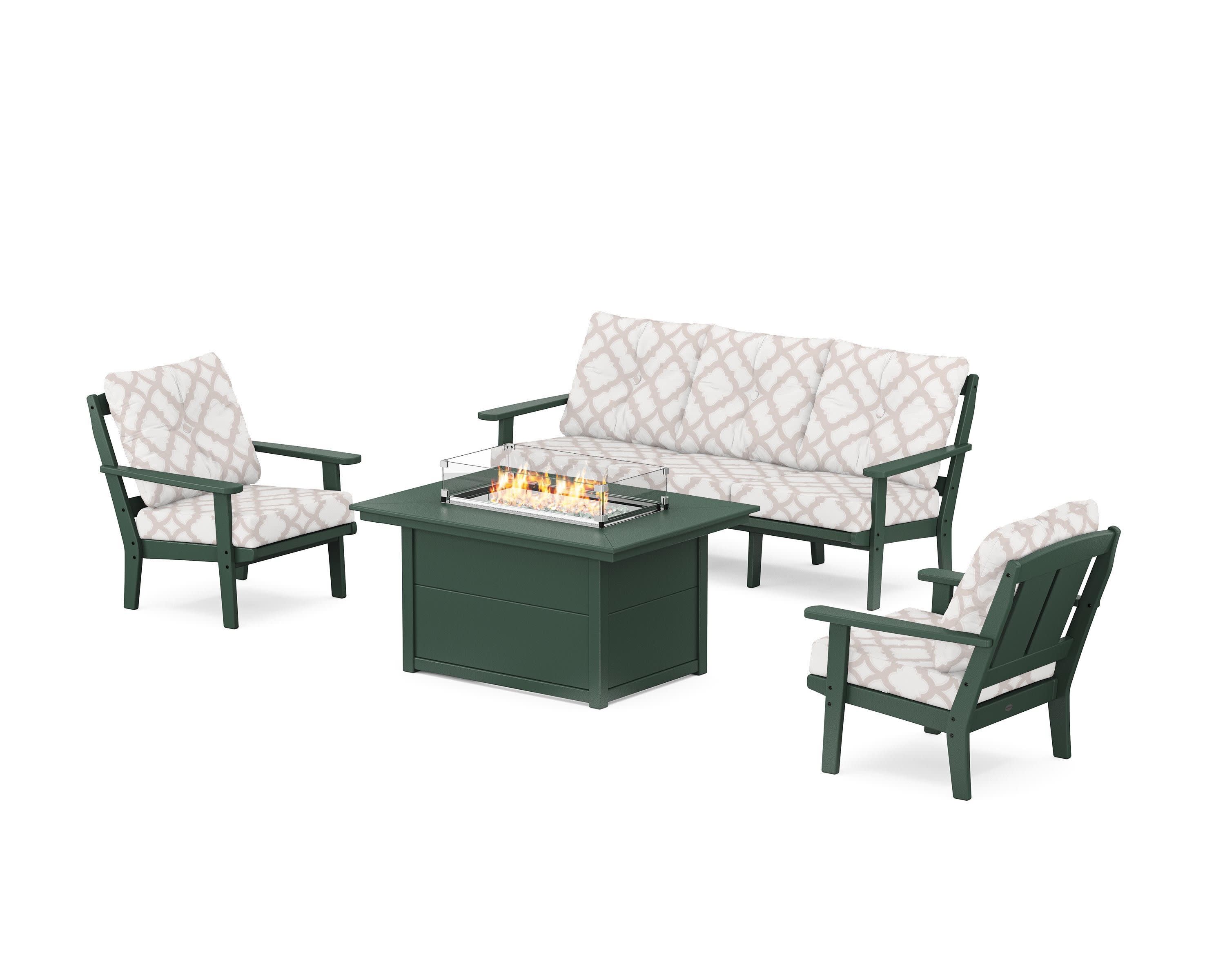 Mission Deep Seating Fire Pit Table Set in Green / Trellis Dune Burlap