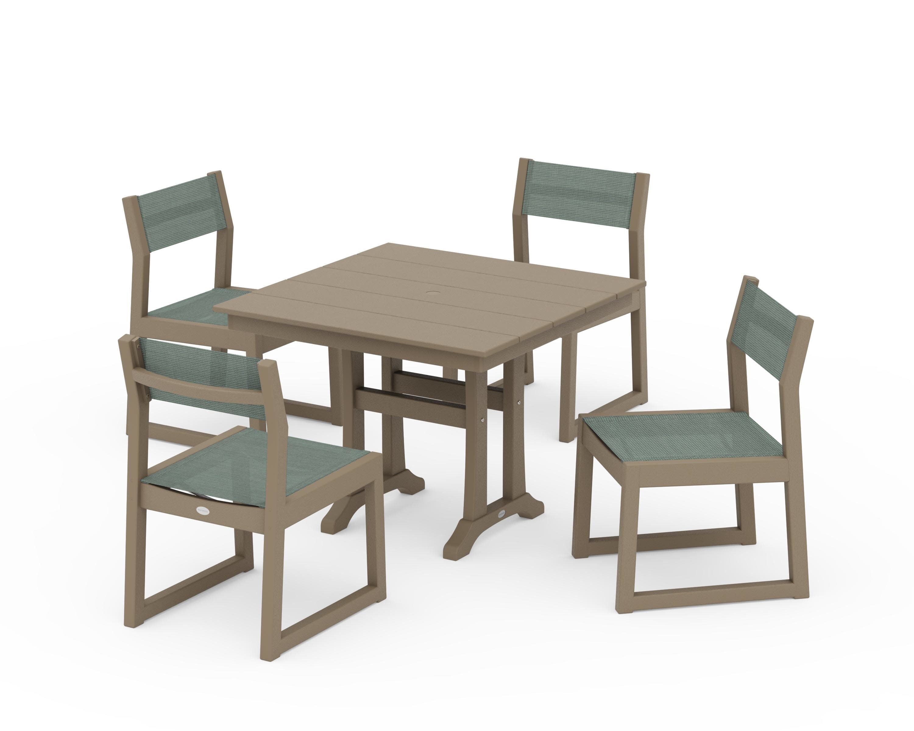 EDGE Sling 5-Piece Farmhouse Trestle Side Chair Dining Set in Vintage Sahara / Dupioni Sea Mist Sling