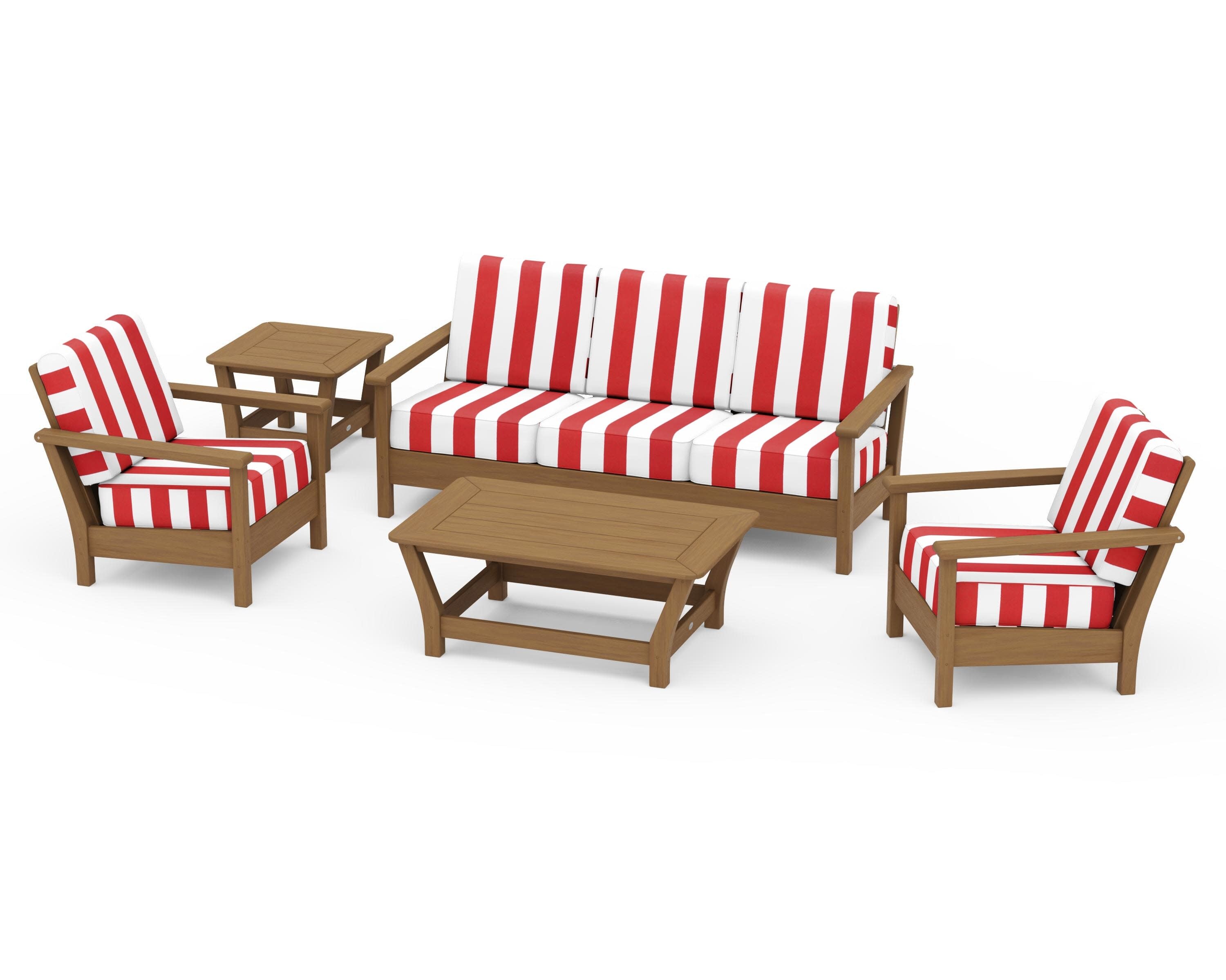 Harbour 5-Piece Deep Seating Set in Natural / Cabana Stripe Crimson