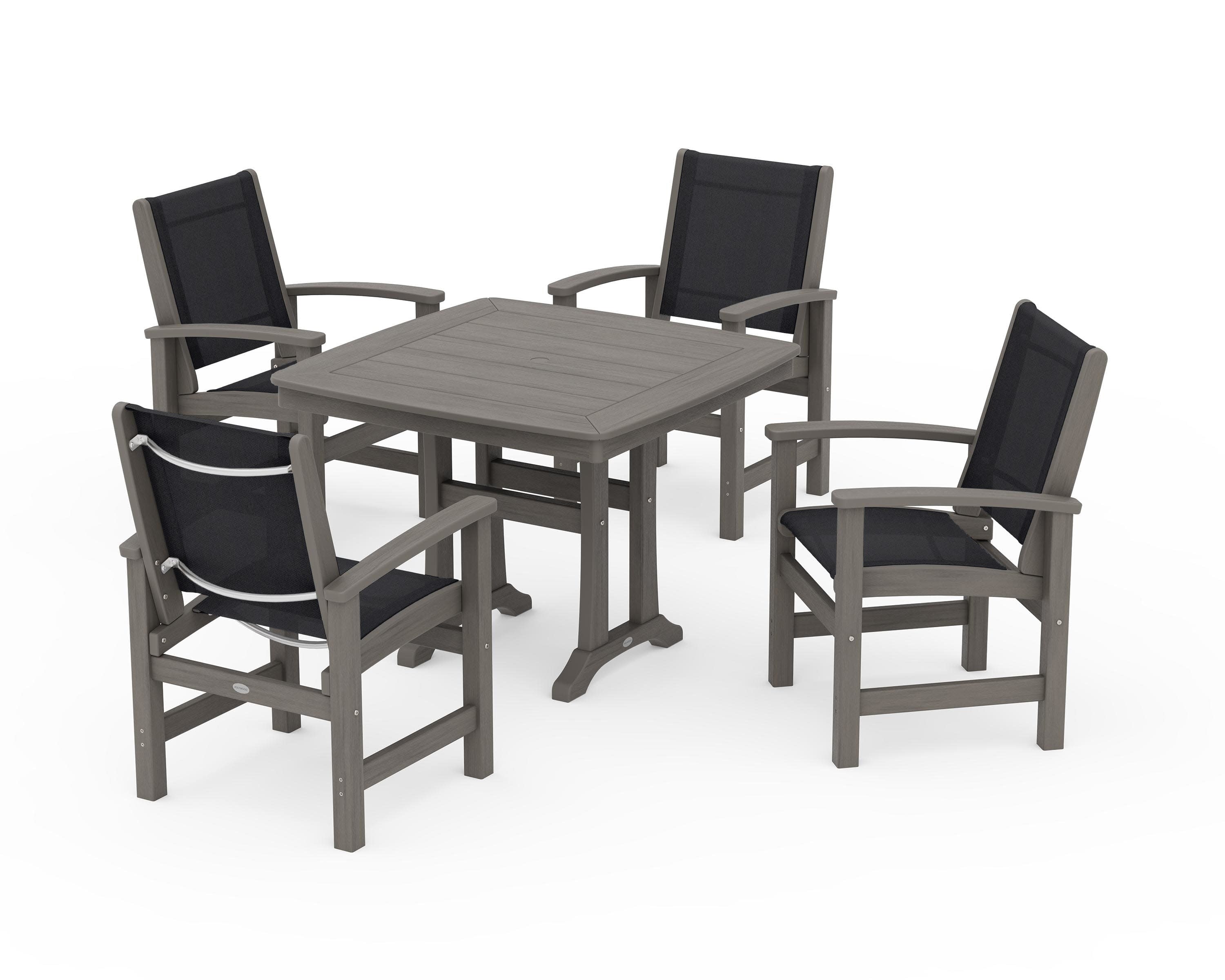 Coastal 5-Piece Dining Set with Trestle Legs in Driftwood / Black Sling