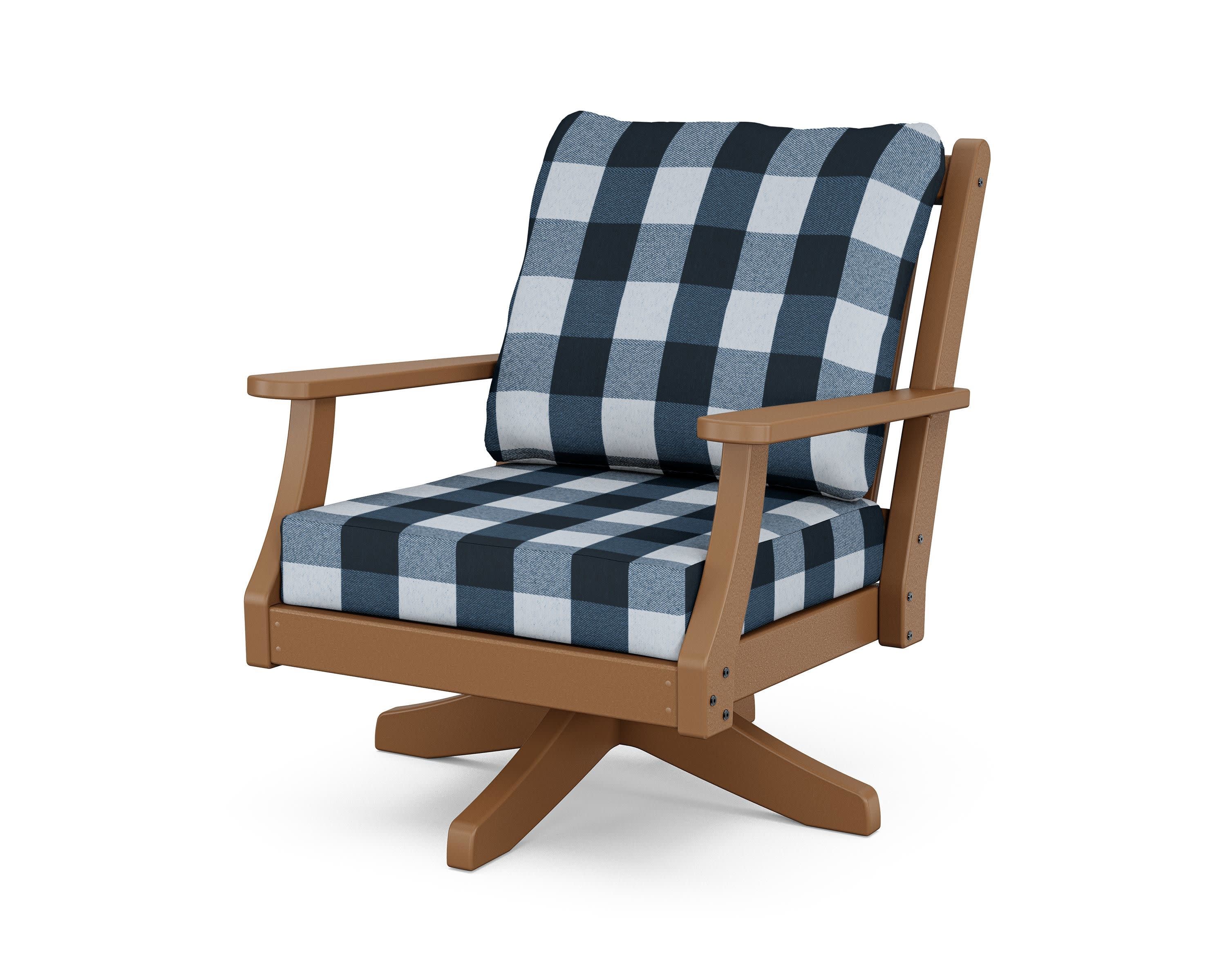 Wovendale Deep Seating Swivel Chair in Teak / Buffalo Plaid Marine Indigo