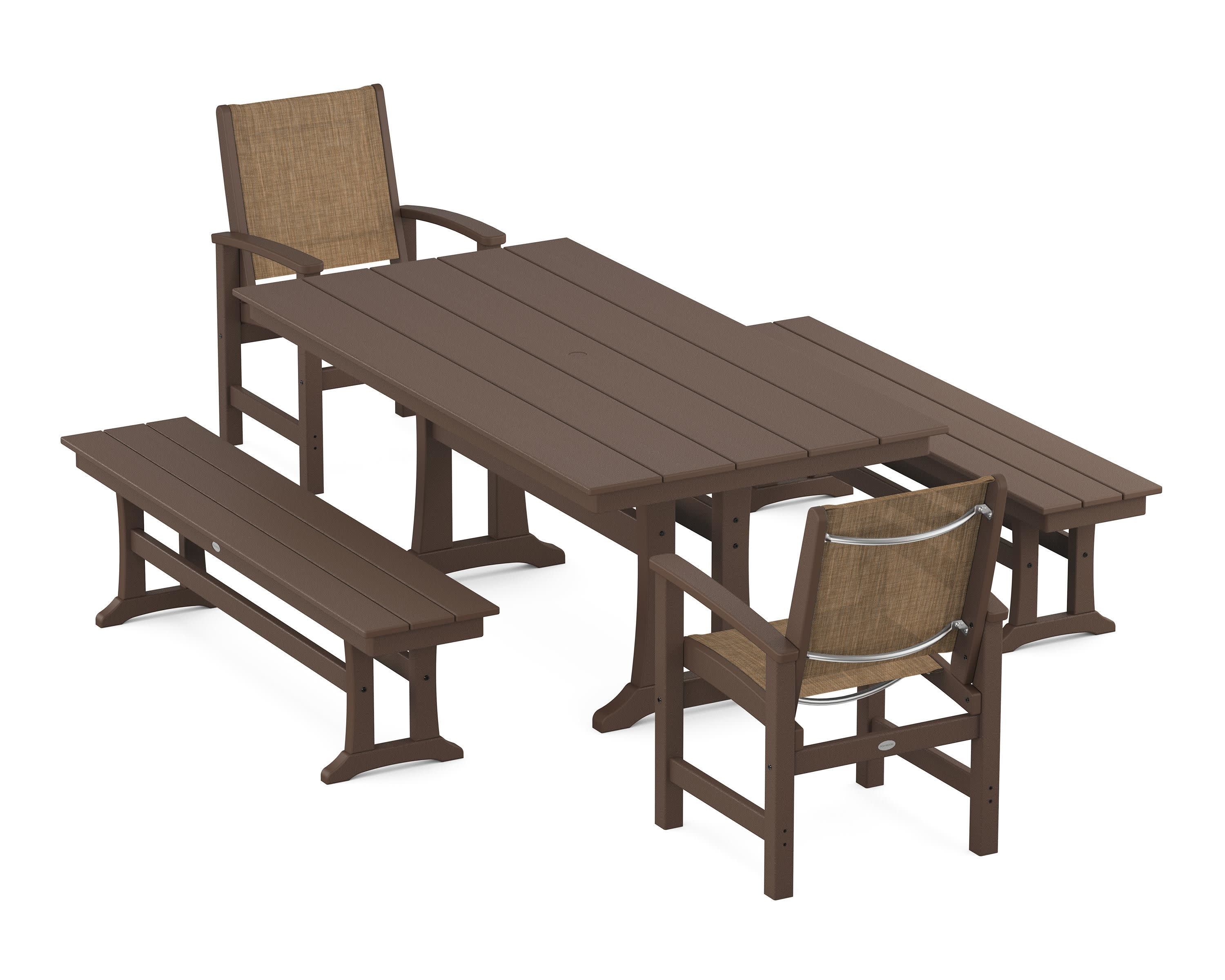 Coastal 5-Piece Farmhouse Dining Set with Trestle Legs and Benches in Mahogany / Burlap Sling