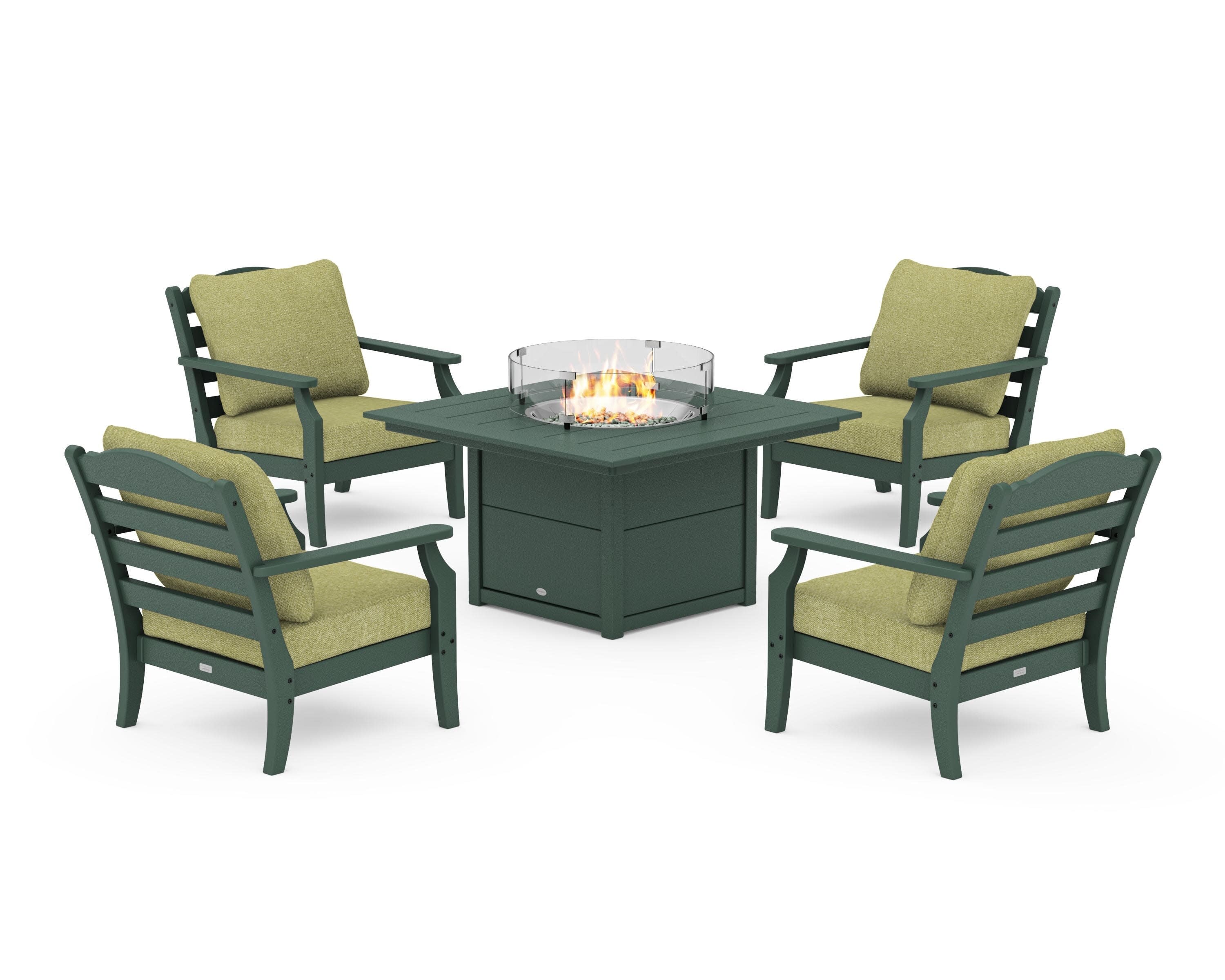 Savannah 5-Piece Deep Seating Set with Fire Pit Table in Green / Chartreuse Boucle