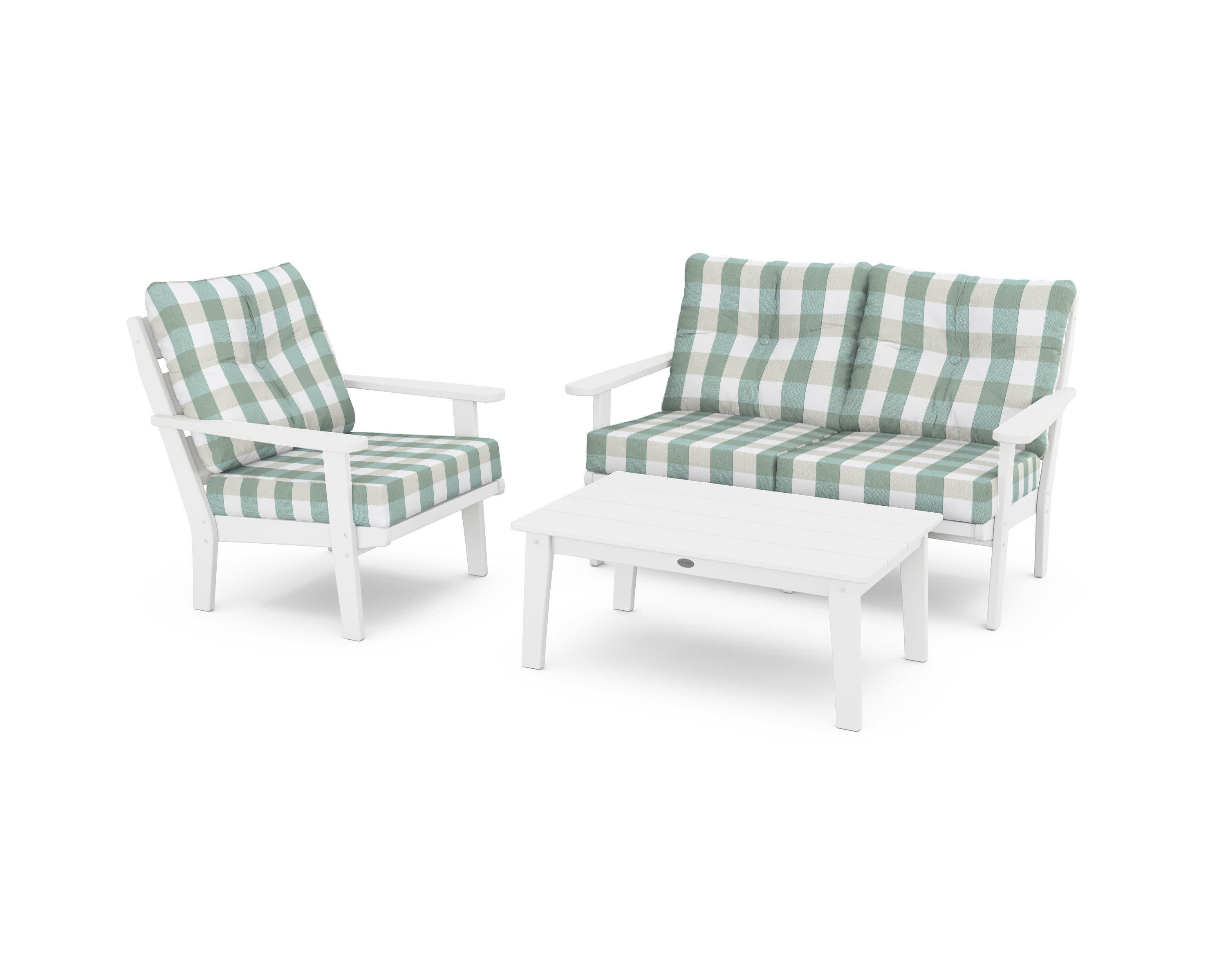 Lakeside 3-Piece Deep Seating Set in White / Buffalo Plaid Glacier Spa