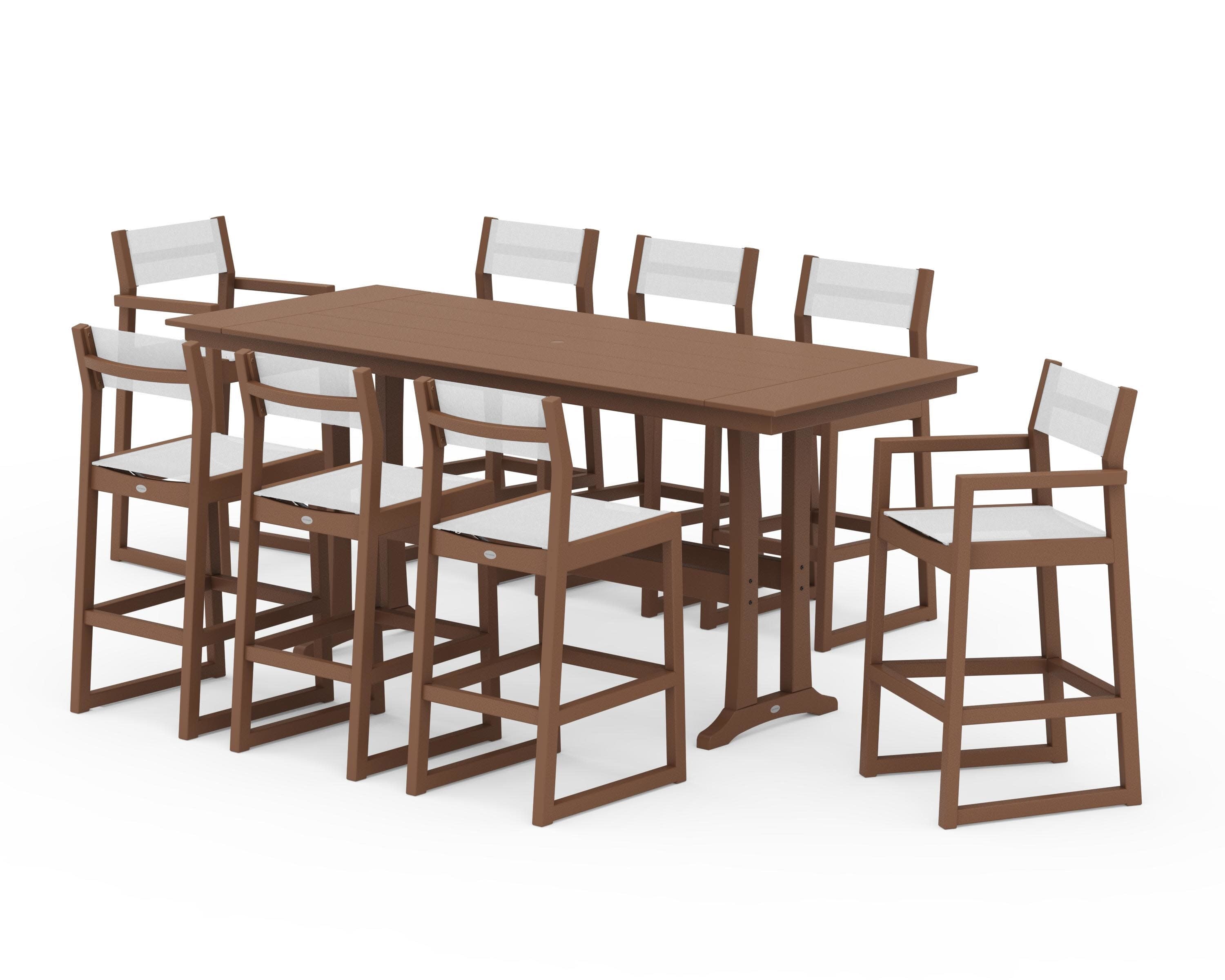EDGE Sling 9-Piece Farmhouse Bar Set with Trestle Legs in Teak / White Sling