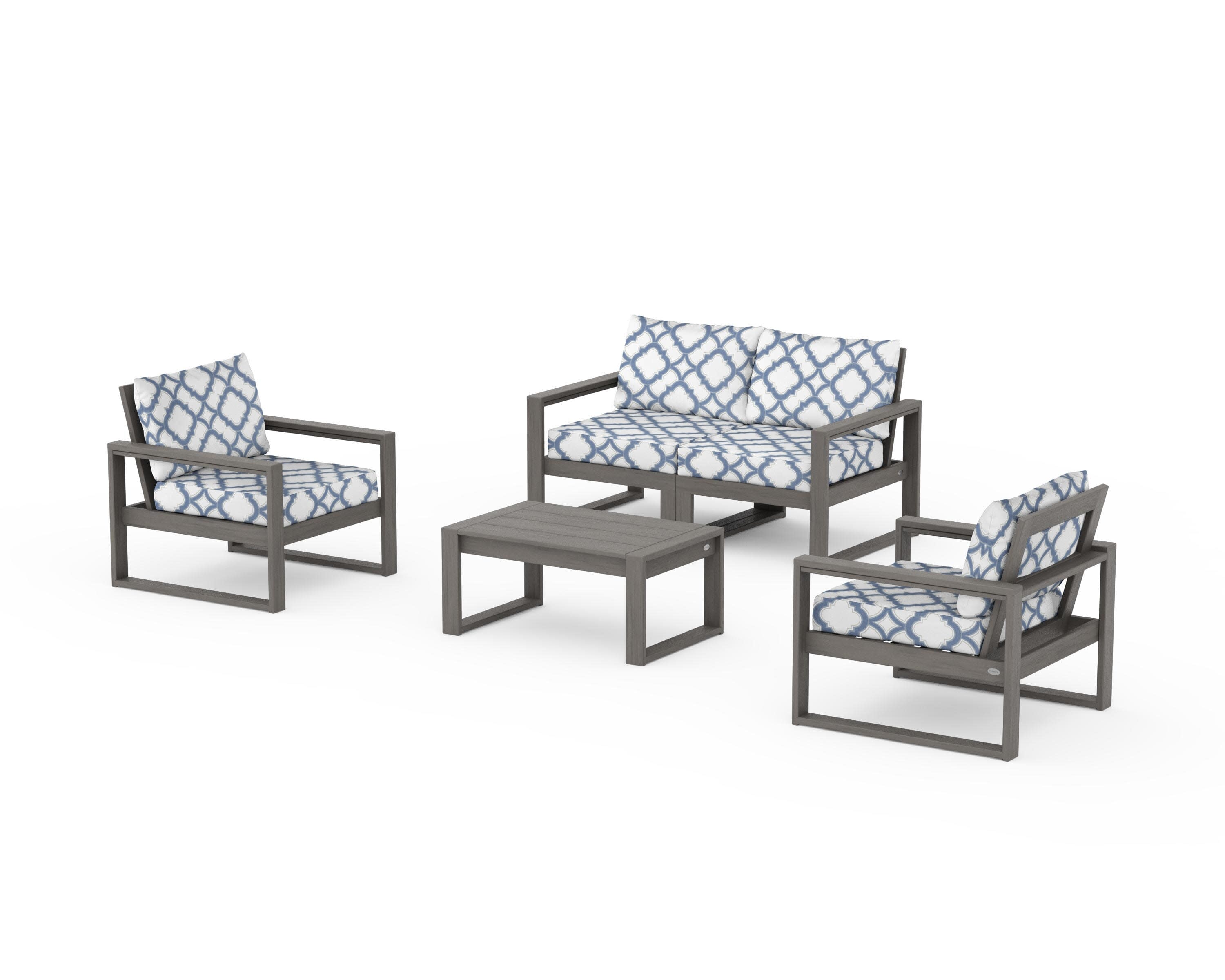 EDGE Sectional 4-Piece Deep Seating Set with Loveseat in Driftwood / Trellis Sky Blue