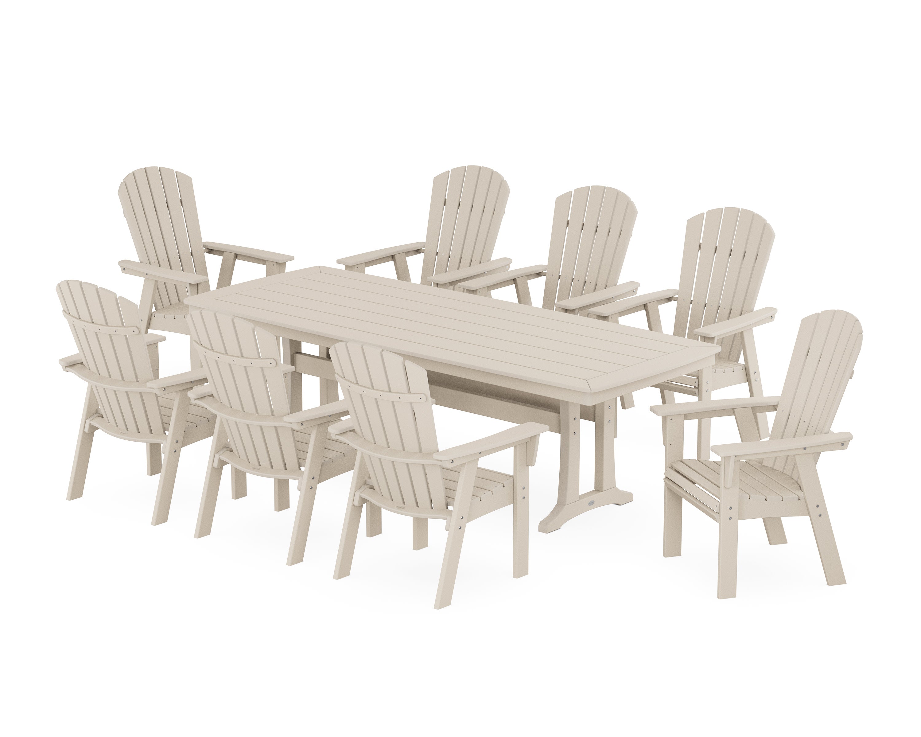 Nautical Curveback Adirondack 9-Piece Dining Set with Trestle Legs in Sand