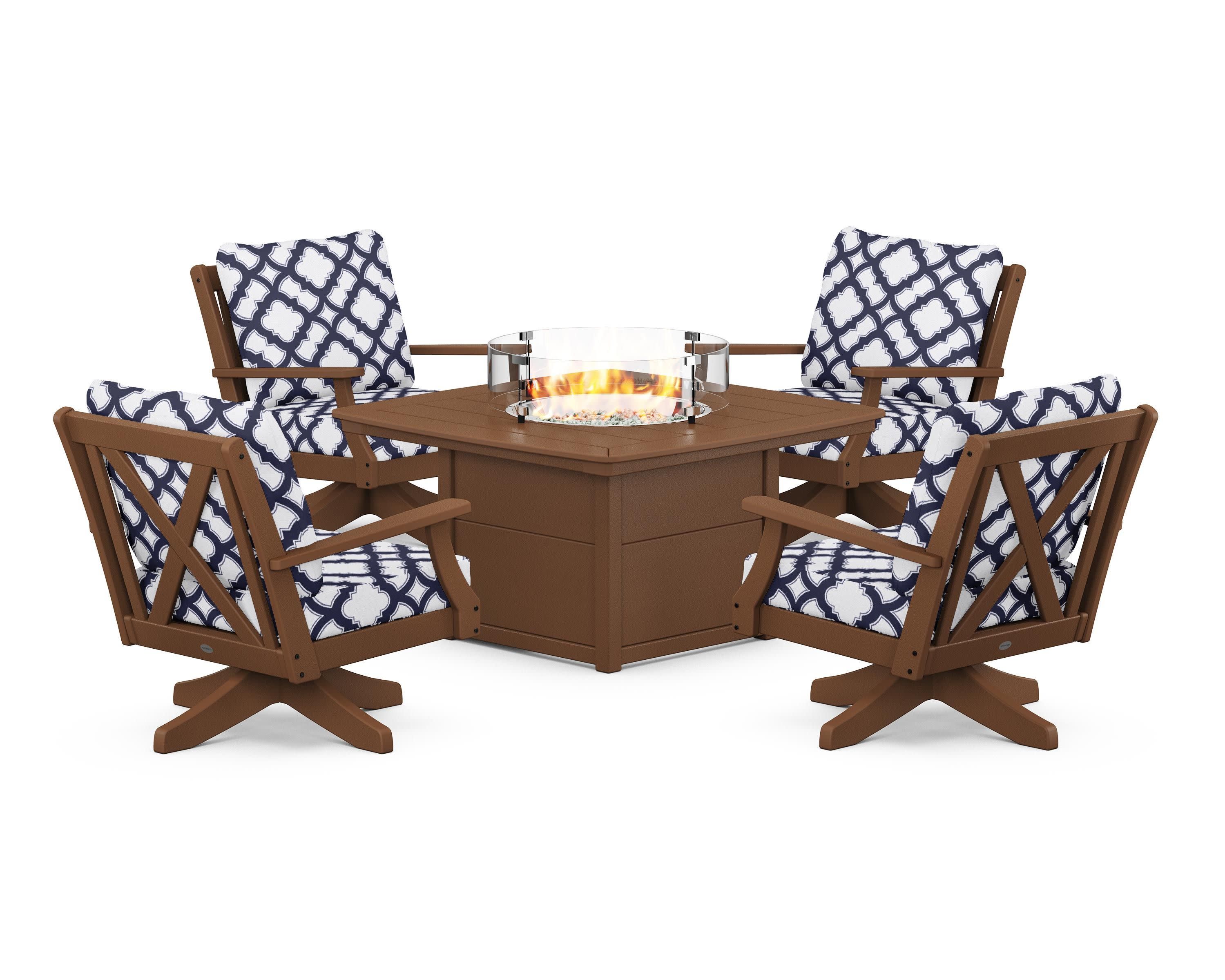 Braxton 5-Piece Deep Seating Swivel Conversation Set with Fire Pit Table in Teak / Trellis Navy