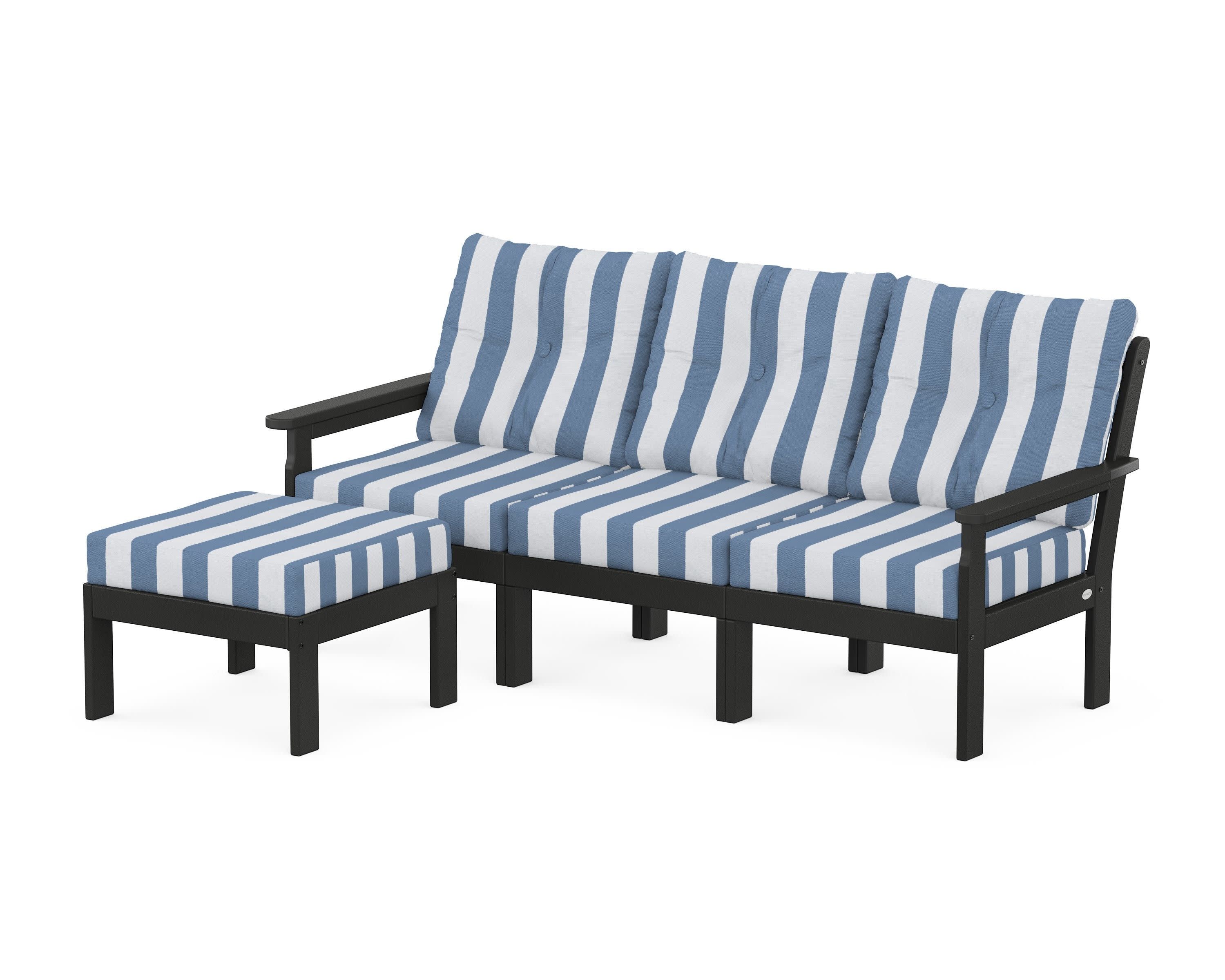 Vineyard 4-Piece Sectional with Ottoman in Black / Cabana Stripe Sky Blue