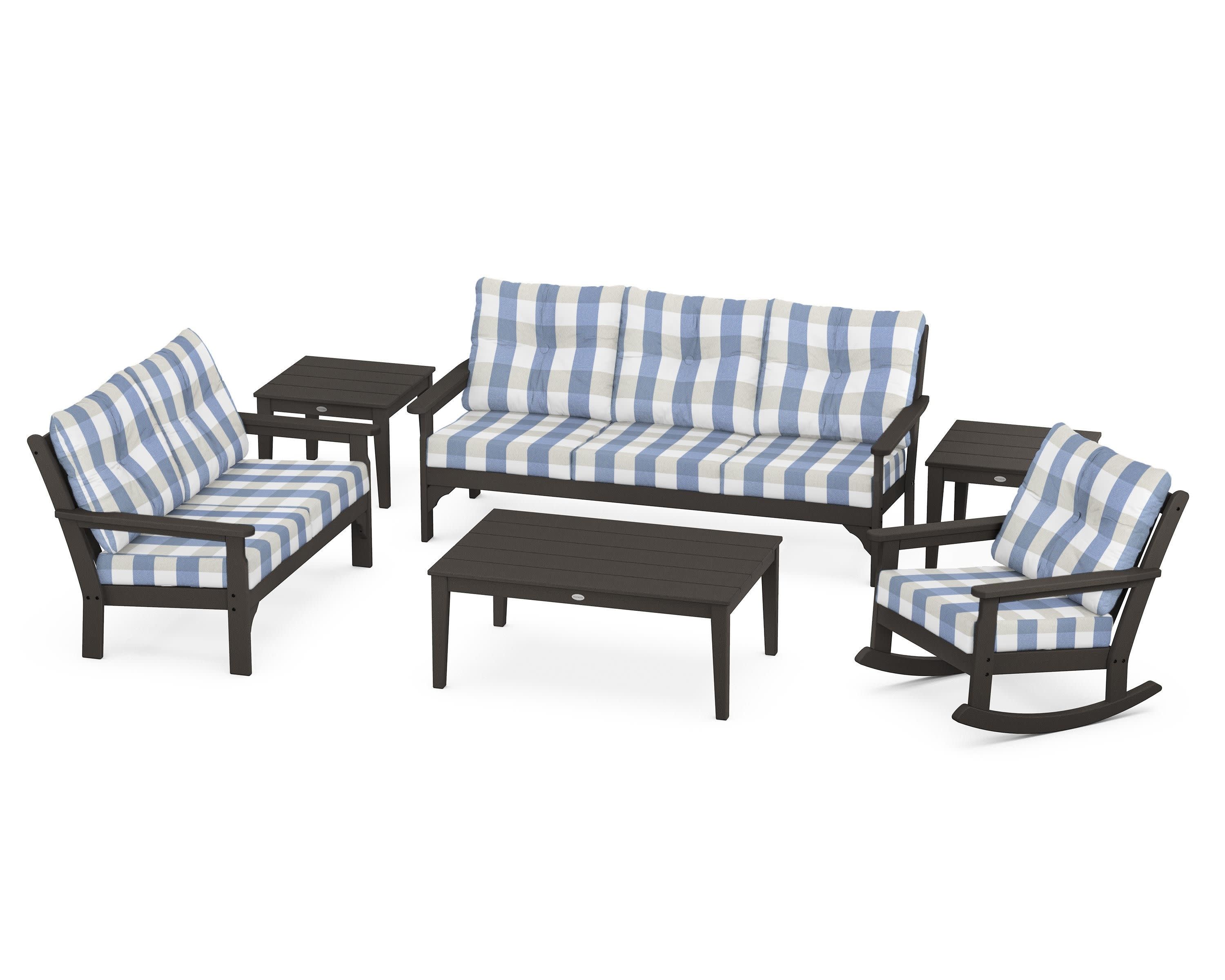 Vineyard 6-Piece Deep Seating Set in Vintage Coffee / Buffalo Plaid Sky Blue