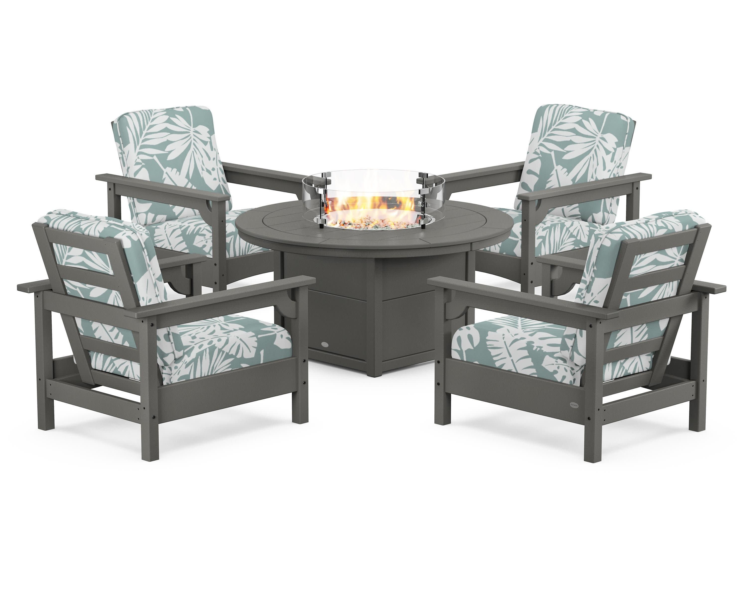 Club 5-Piece Conversation Set with Fire Pit Table in Slate Grey / Leaf Glacier Spa