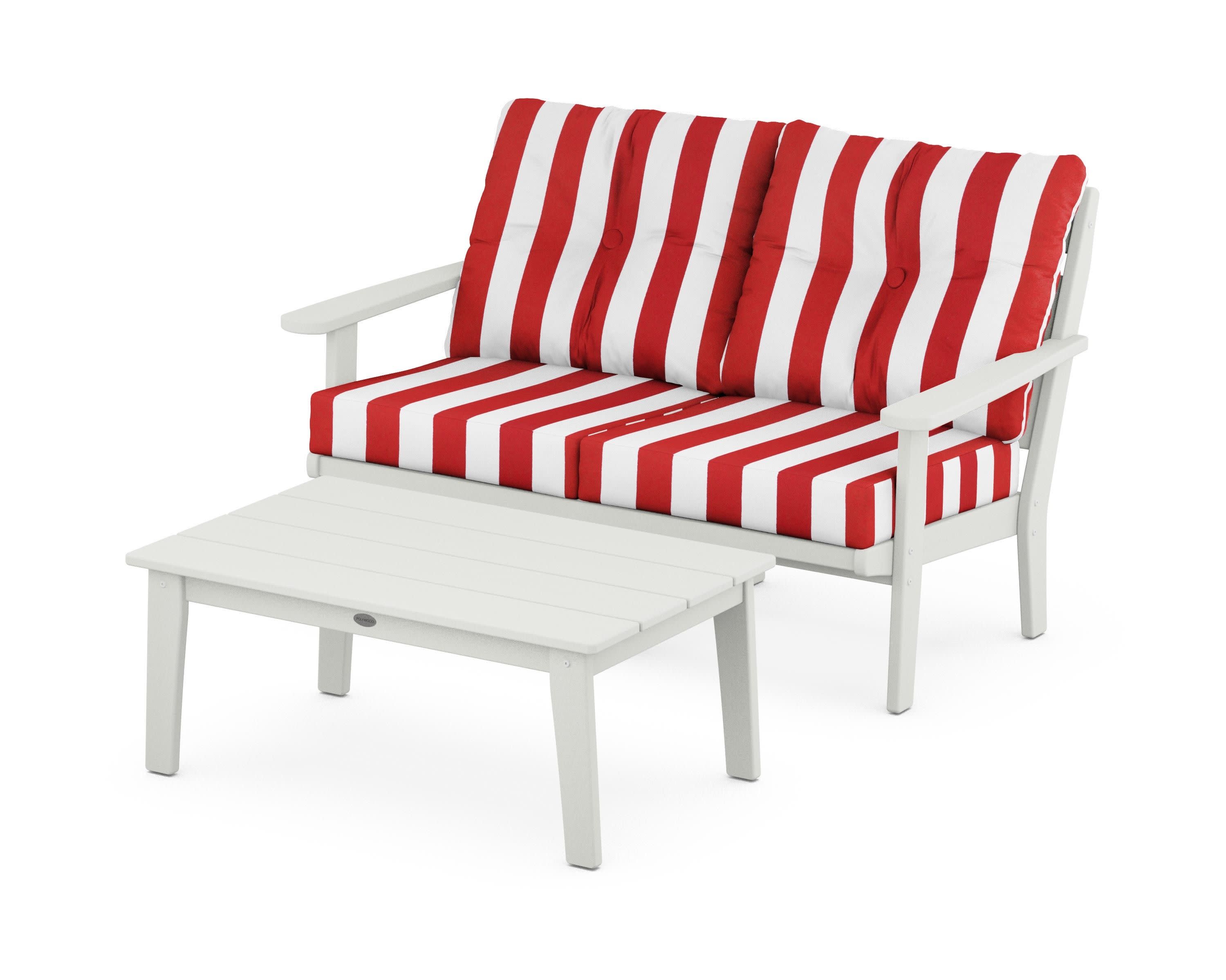 Lakeside 2-Piece Lounge Loveseat Set in Vintage White / Cabana Stripe Crimson