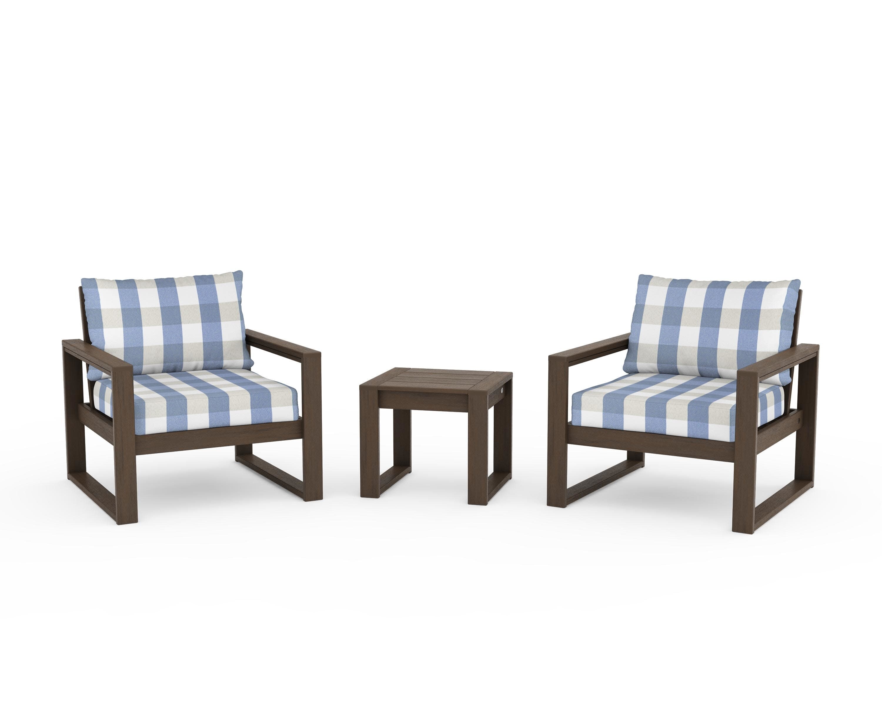 EDGE Sectional 3-Piece Deep Seating Set in Kona / Buffalo Plaid Sky Blue