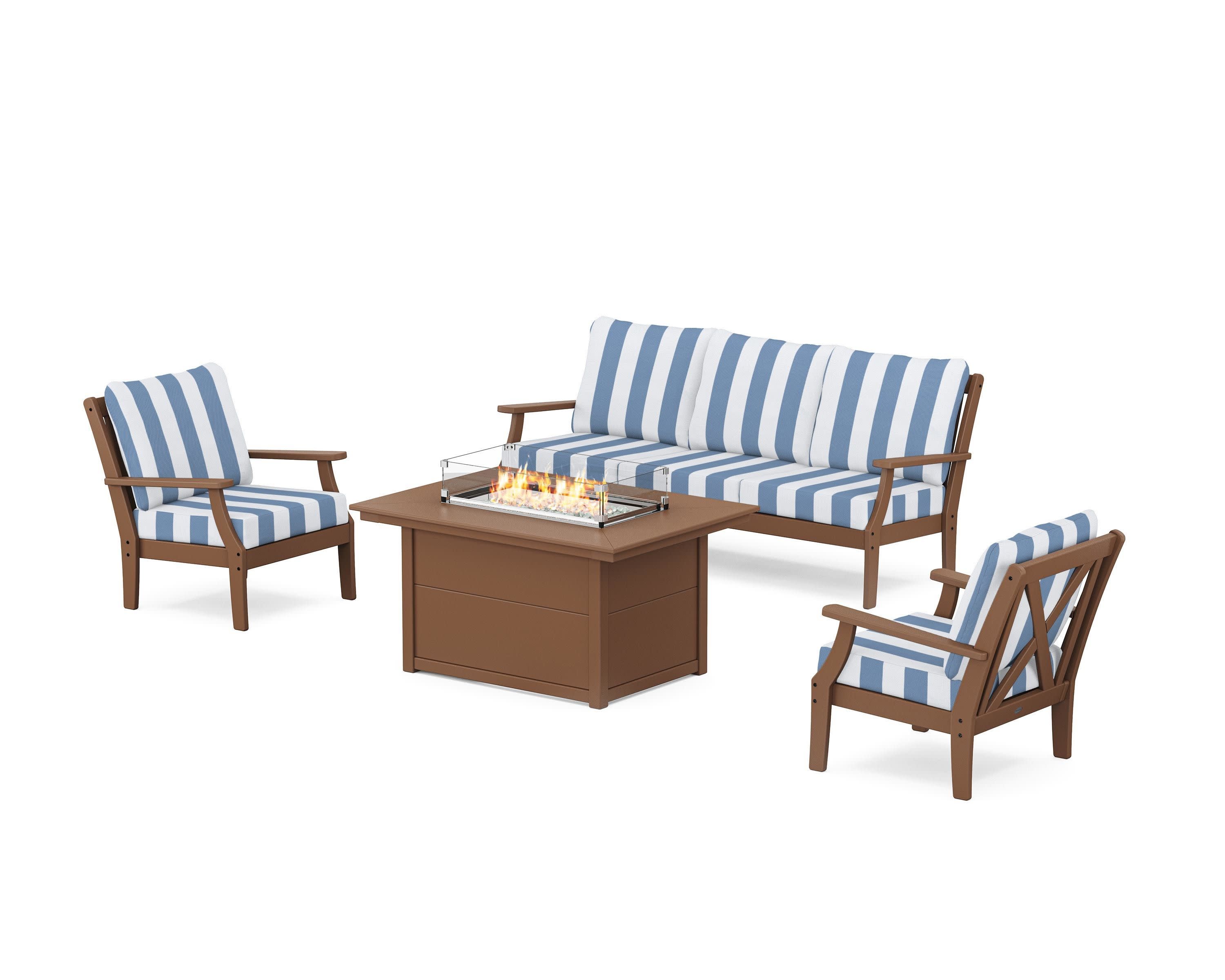 Braxton Deep Seating Fire Pit Table Set in Teak / Cabana Stripe Sky Blue