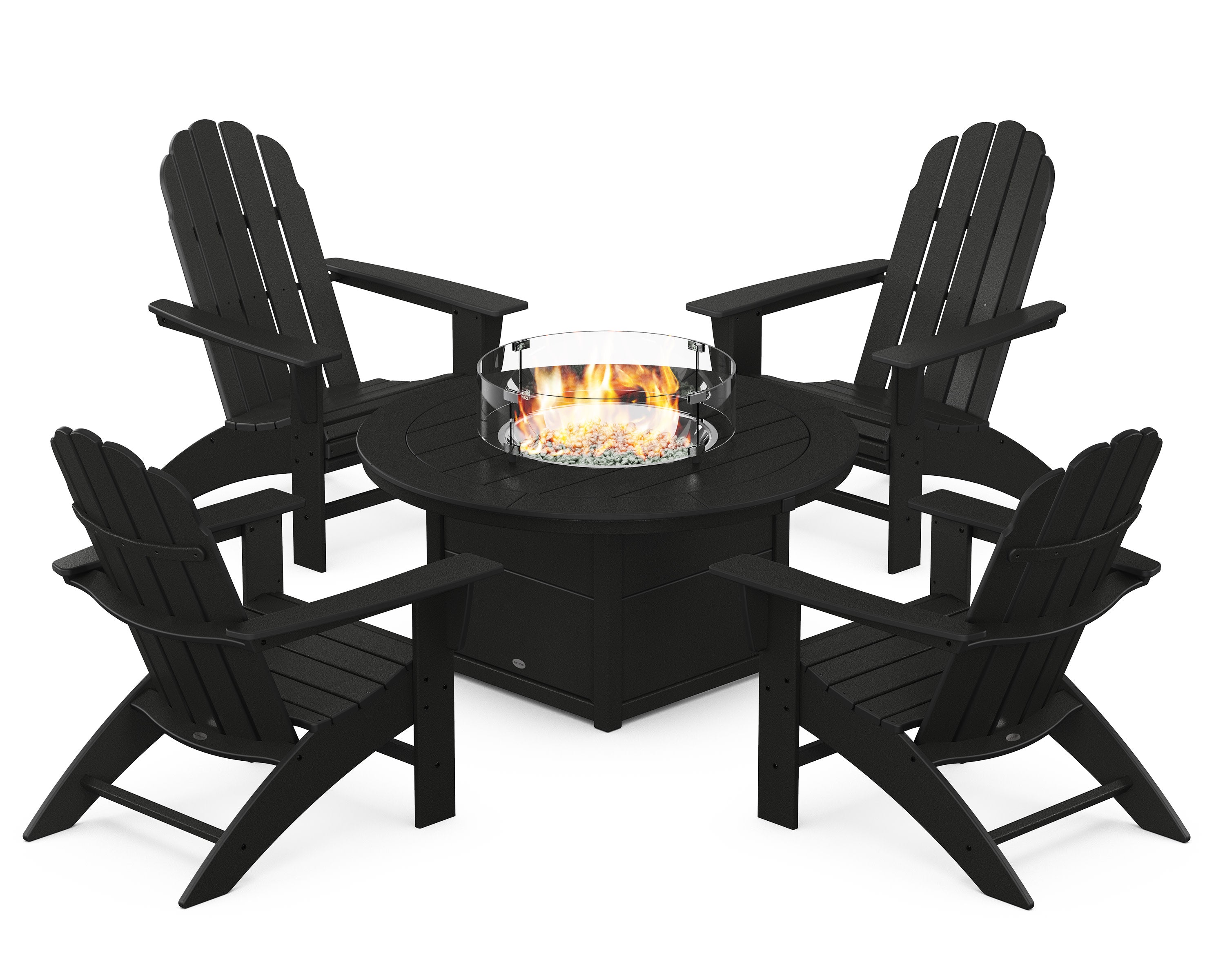 Vineyard Curveback Adirondack 5-Piece Conversation Set with Fire Pit Table in Black
