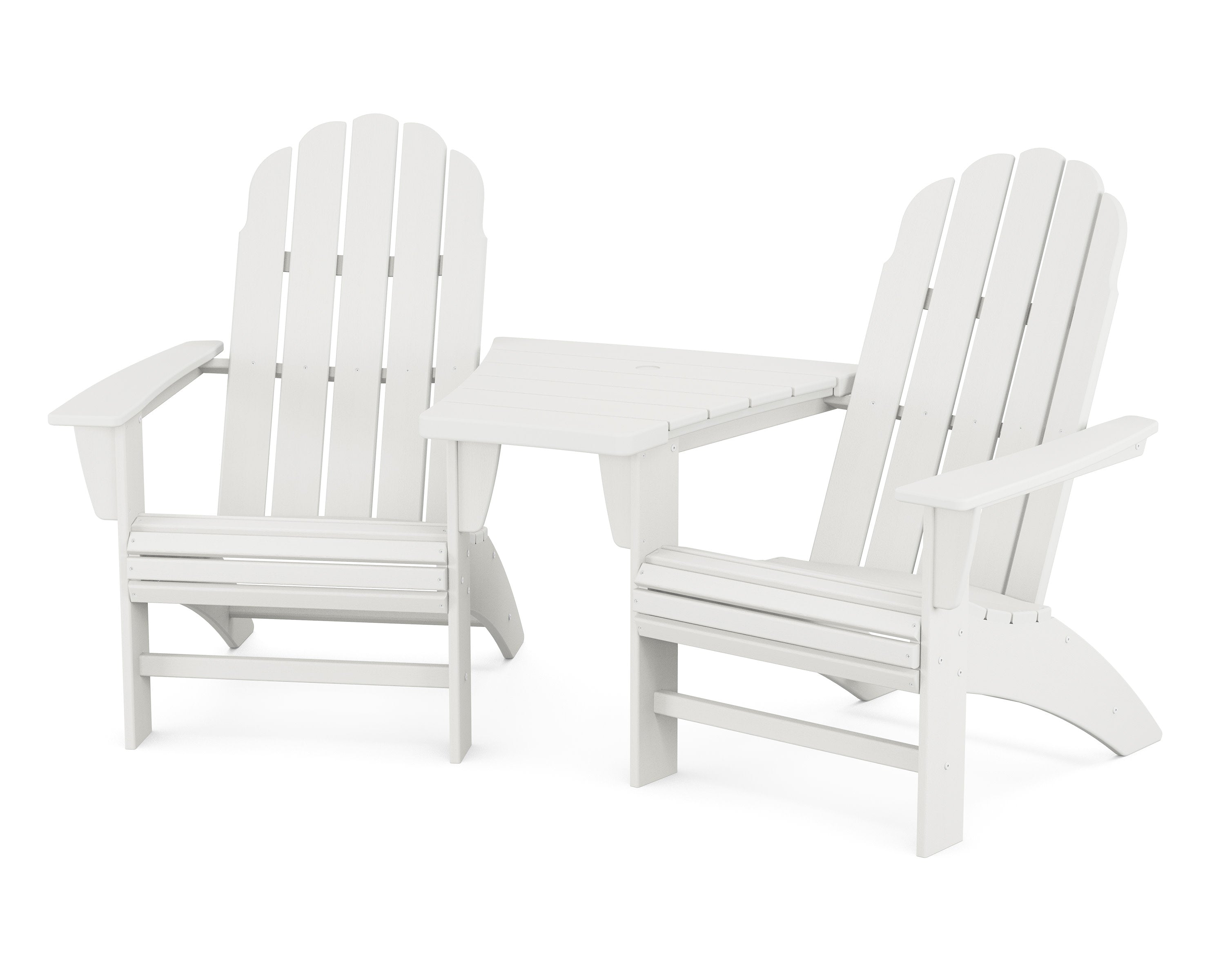 Vineyard 3-Piece Curveback Adirondack Set with Angled Connecting Table in Vintage White