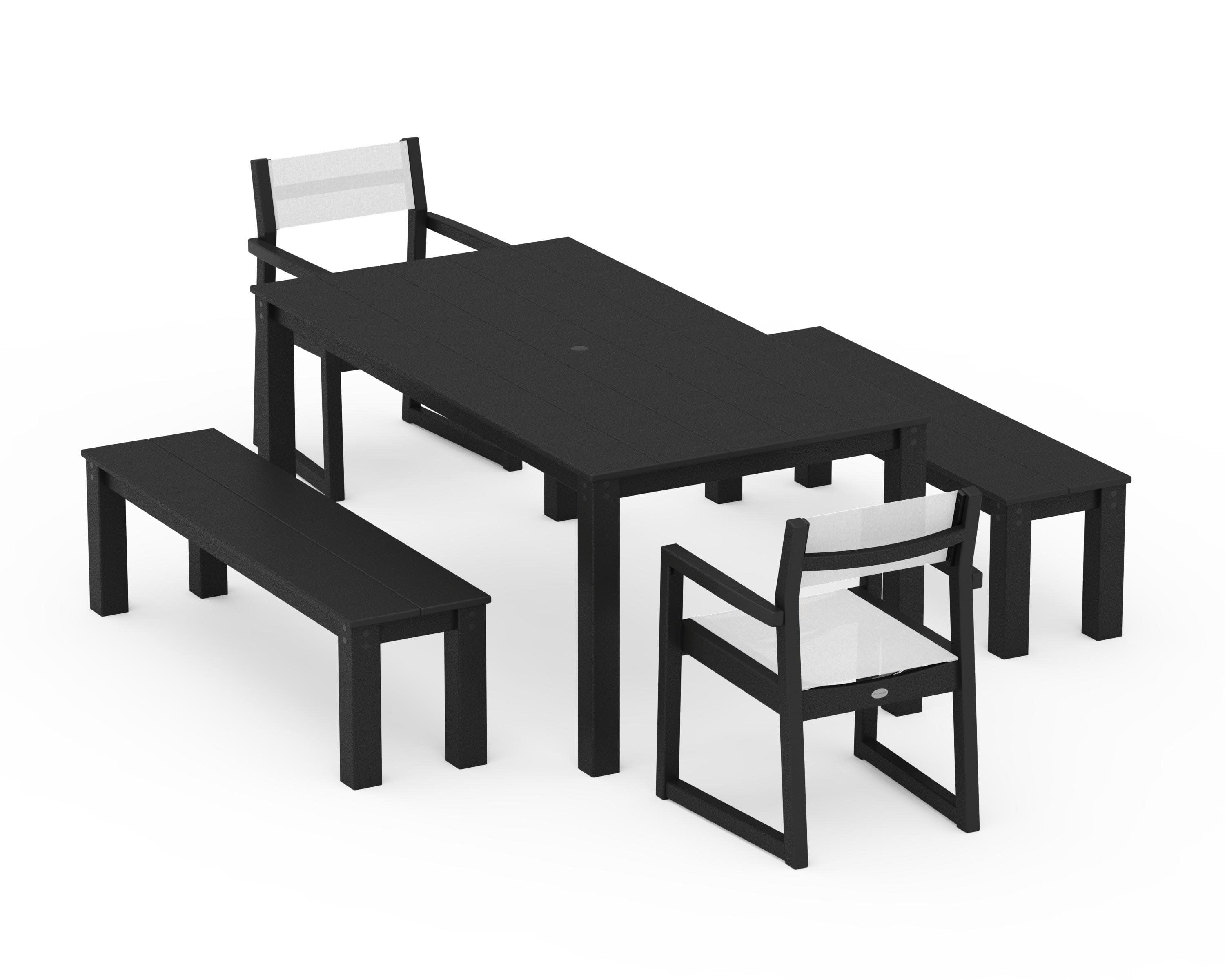 EDGE Sling Arm Chair 5-Piece Parsons Dining Set with Benches in Black / White Sling