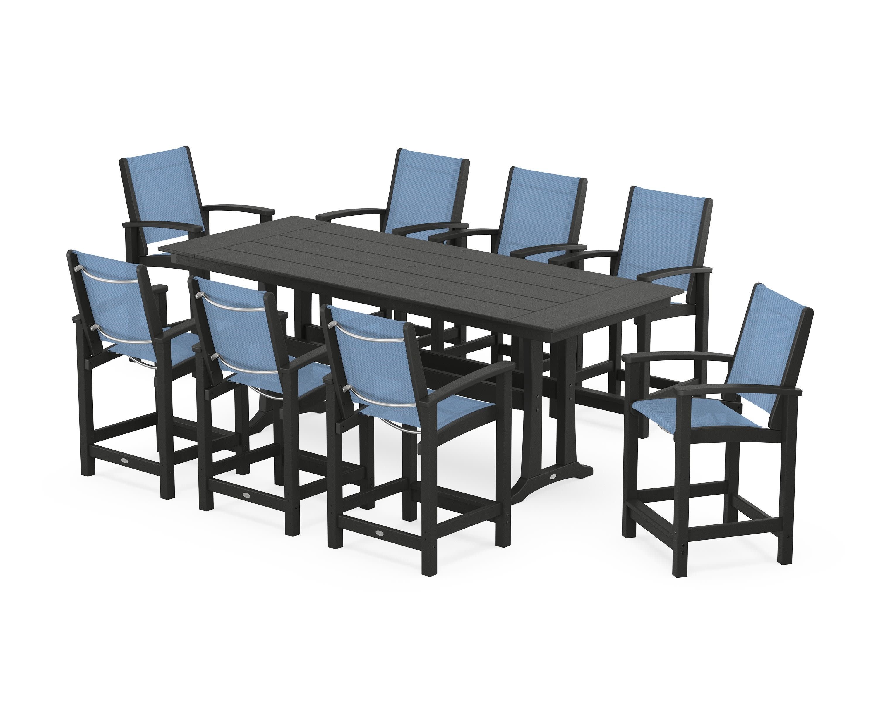 Coastal 9-Piece Farmhouse Counter Set with Trestle Legs in Black / Poolside Sling