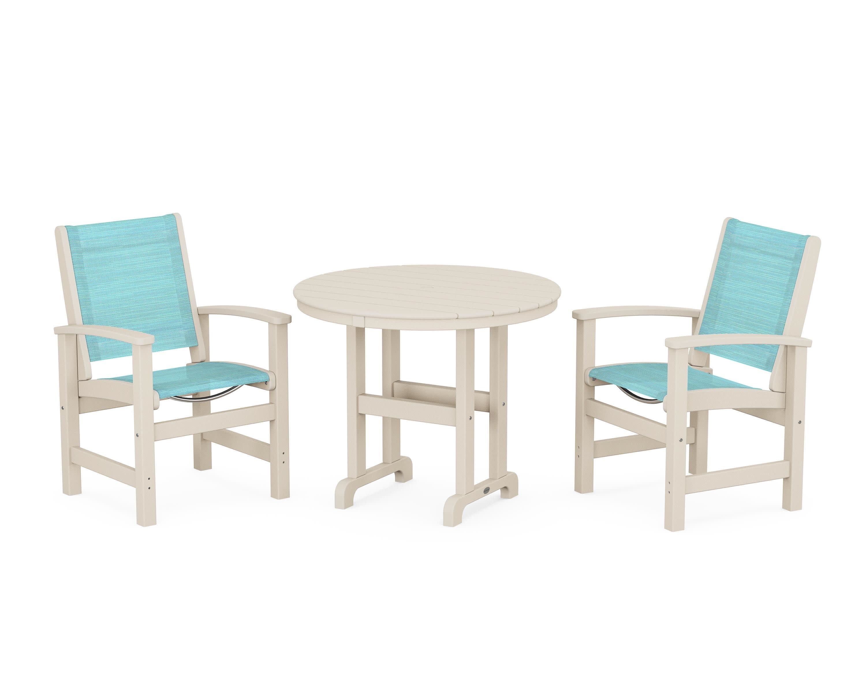 Coastal 3-Piece Round Dining Set in Sand / Dupioni Aquamarine Sling