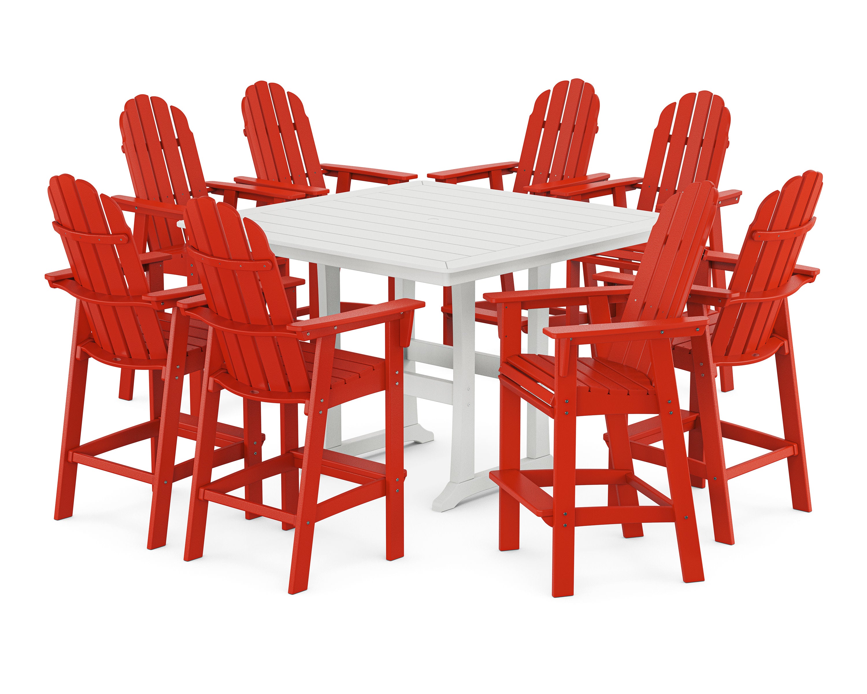 Vineyard Curveback Adirondack 9-Piece Trestle Bar Set in Sunset Red / White