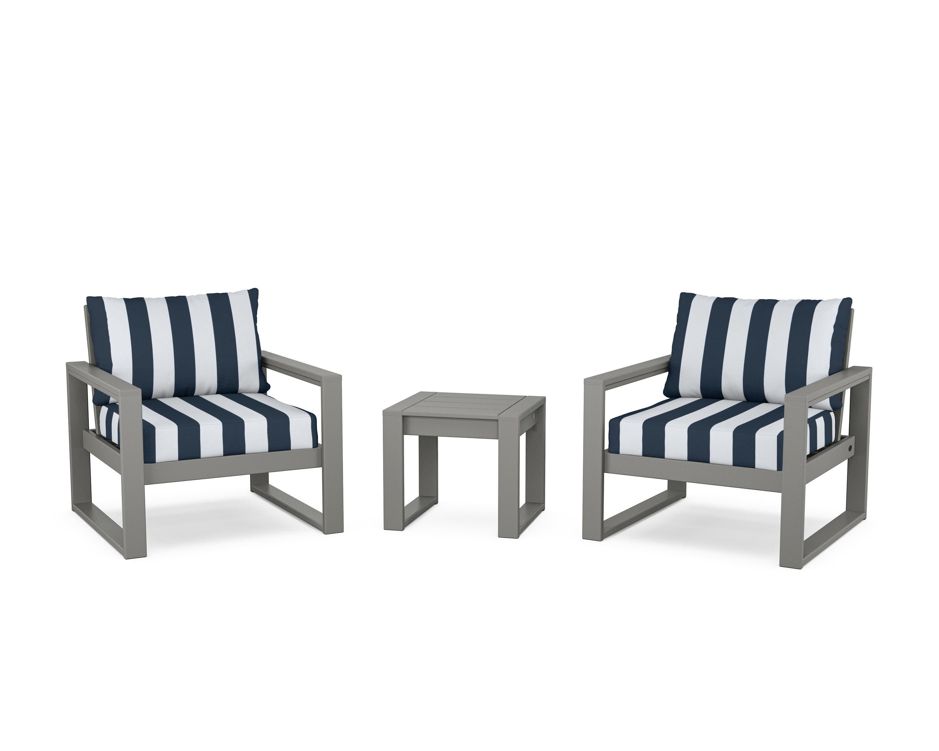 EDGE Sectional 3-Piece Deep Seating Set in Slate Grey / Cabana Stripe Marine Indigo