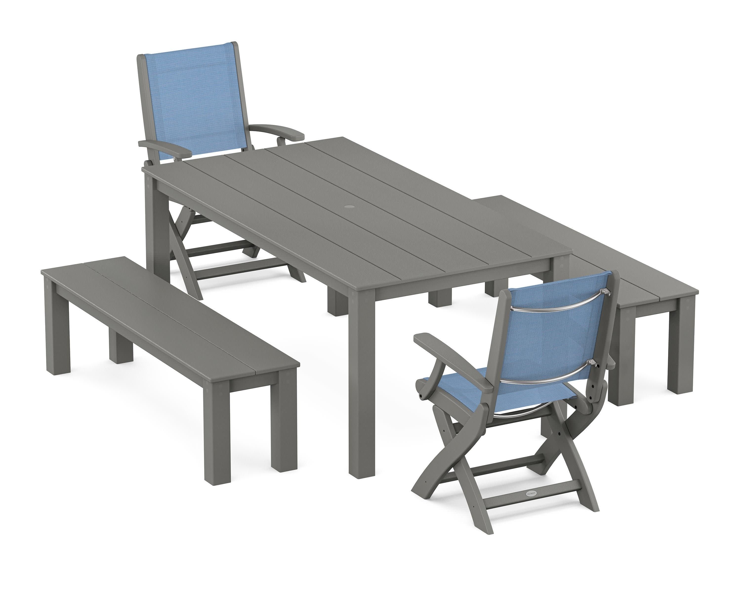 Coastal Folding Chair 5-Piece Parsons Dining Set with Benches in Slate Grey / Poolside Sling
