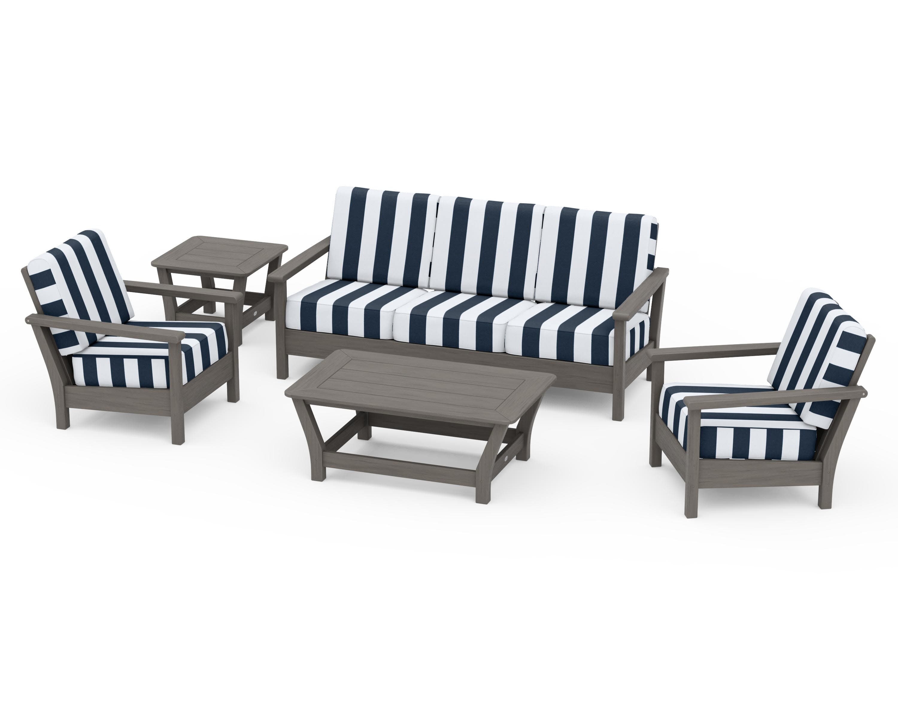 Harbour 5-Piece Deep Seating Set in Driftwood / Cabana Stripe Marine Indigo