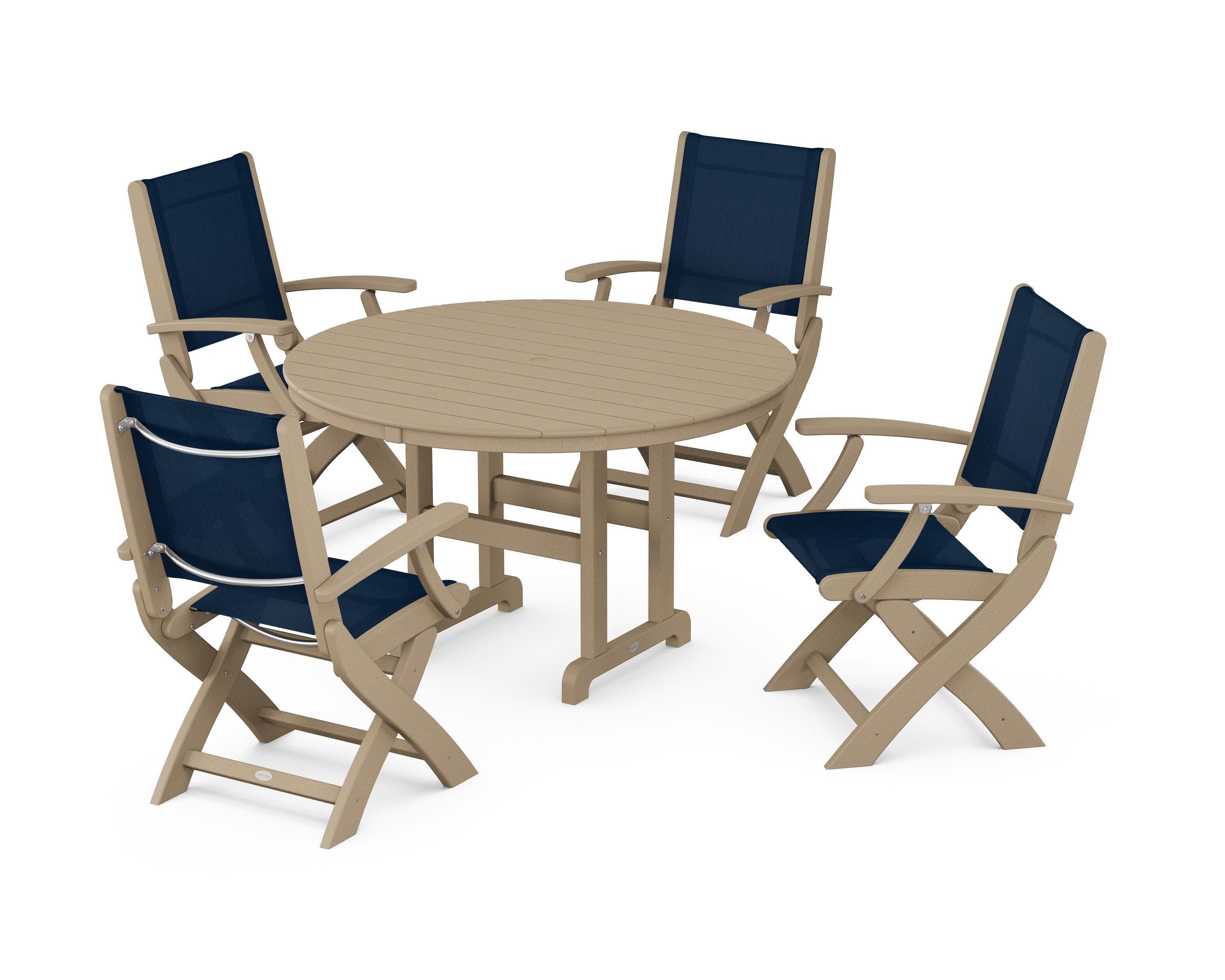 Coastal Folding Chair 5-Piece Round Dining Set in Vintage Sahara / Navy Blue Sling