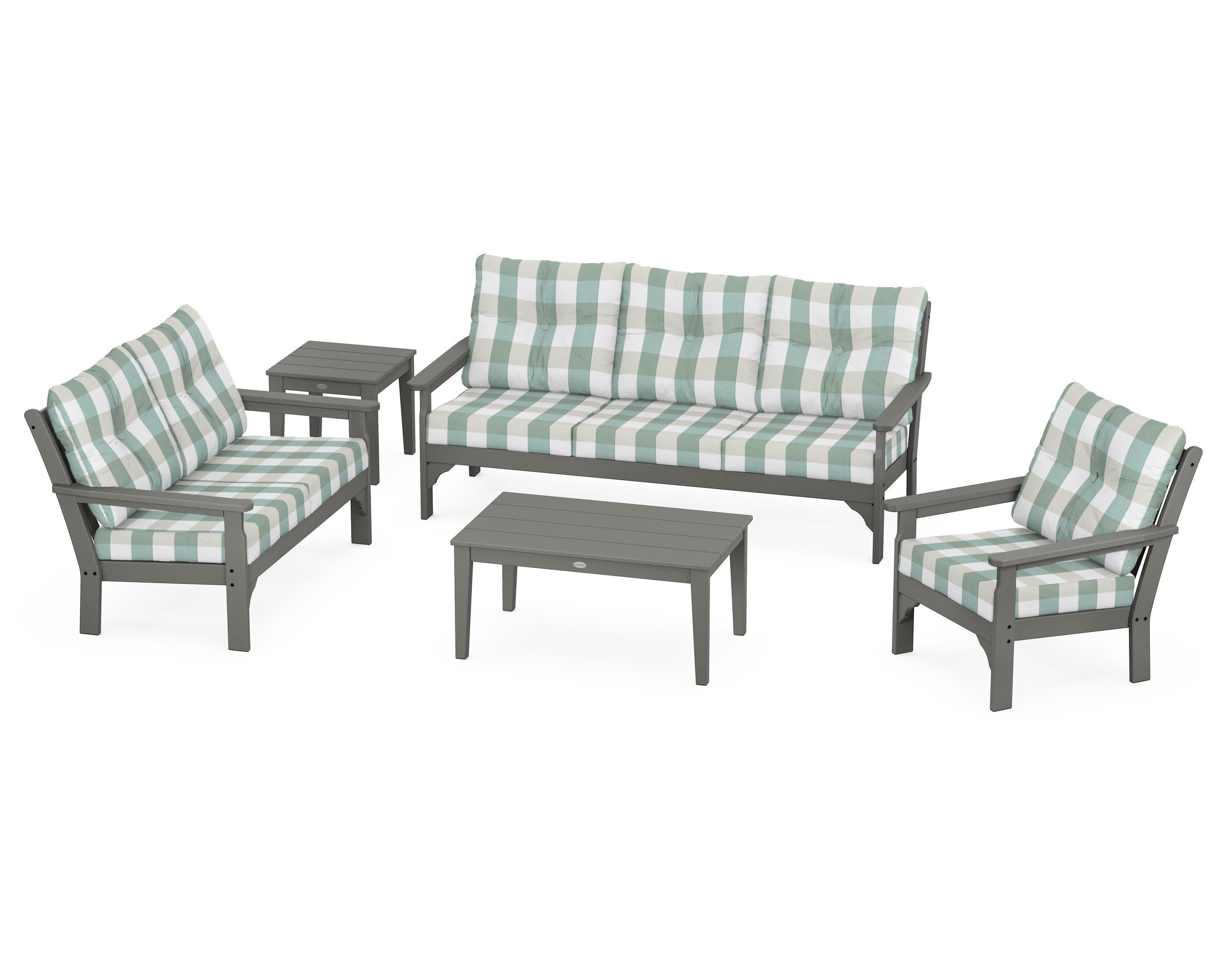 Vineyard 5 Piece Deep Seating Set in Slate Grey / Buffalo Plaid Glacier Spa