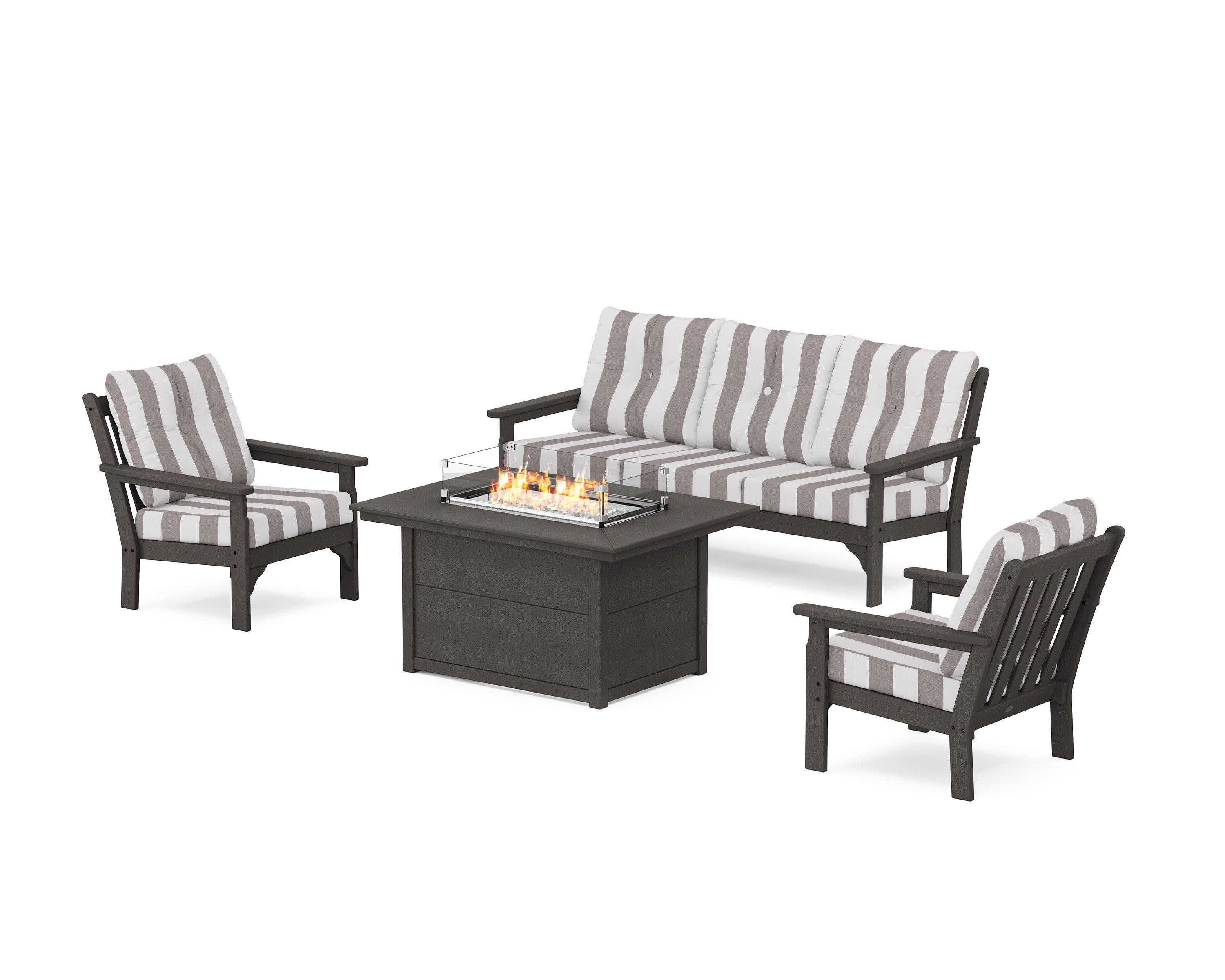 Vineyard Deep Seating Fire Pit Table Set in Vintage Coffee / Cabana Stripe Grey Mist
