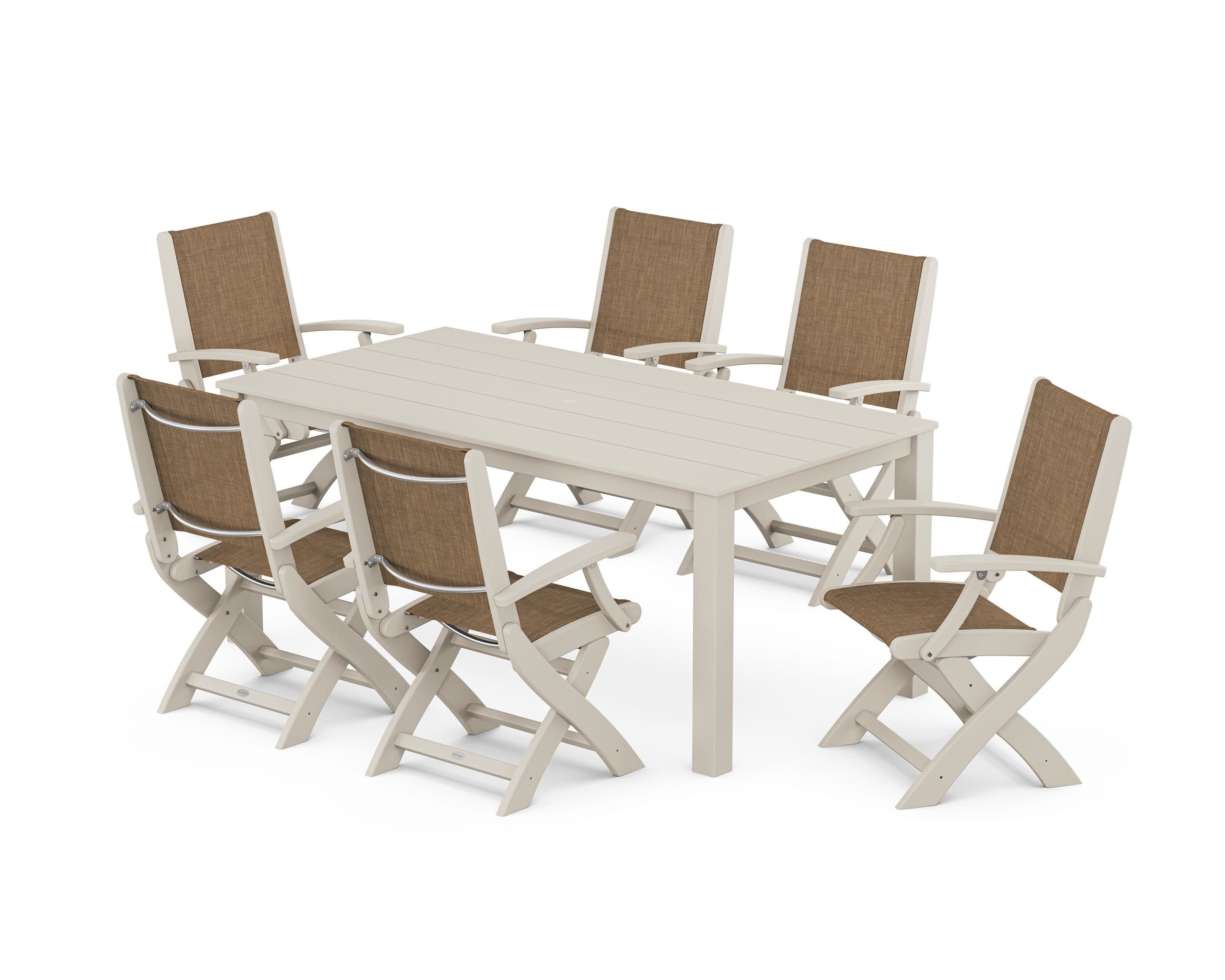 Coastal Folding Chair 7-Piece Parsons Dining Set in Sand / Burlap Sling