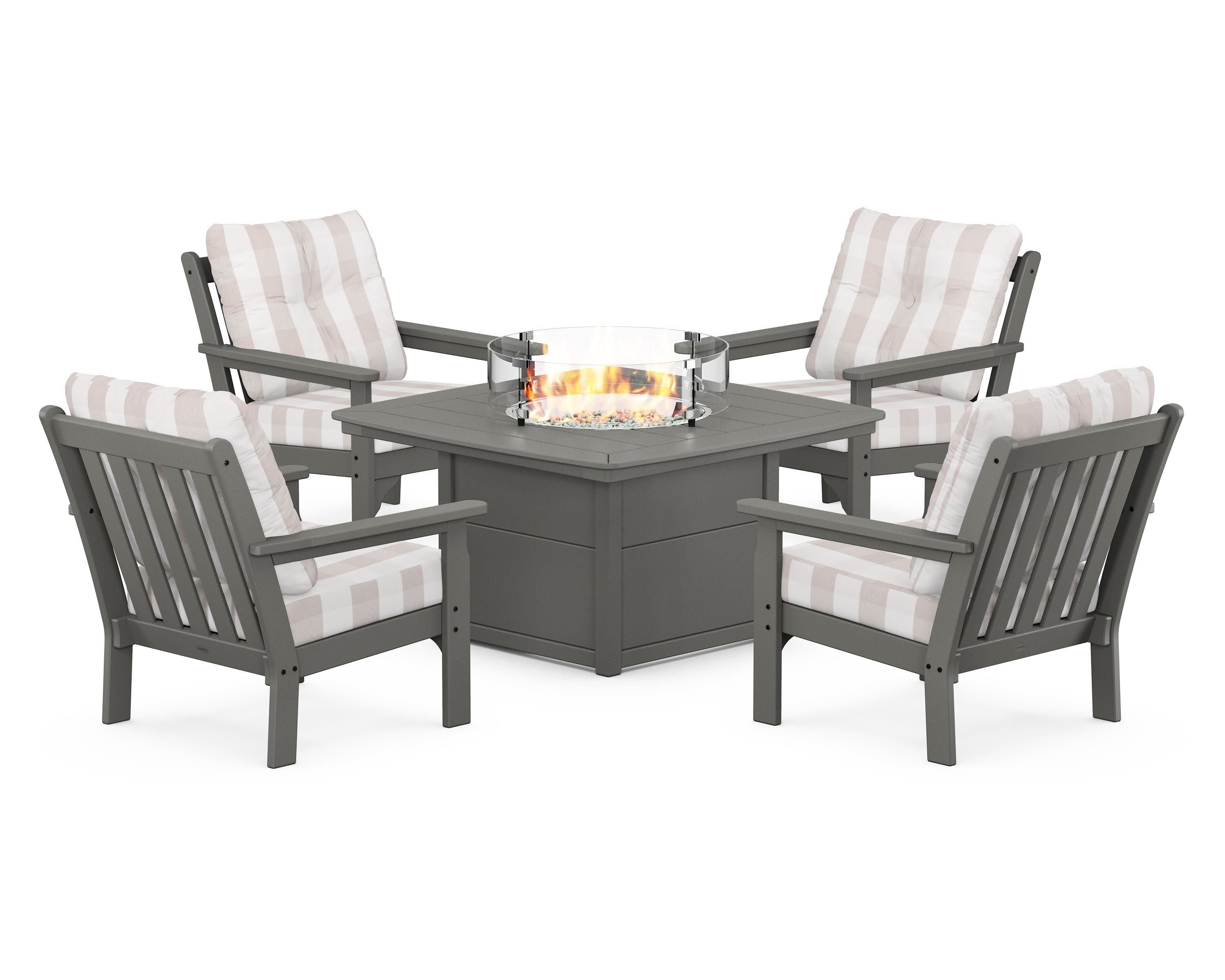 Vineyard 5-Piece Conversation Set with Fire Pit Table in Slate Grey / Buffalo Plaid Dune Burlap