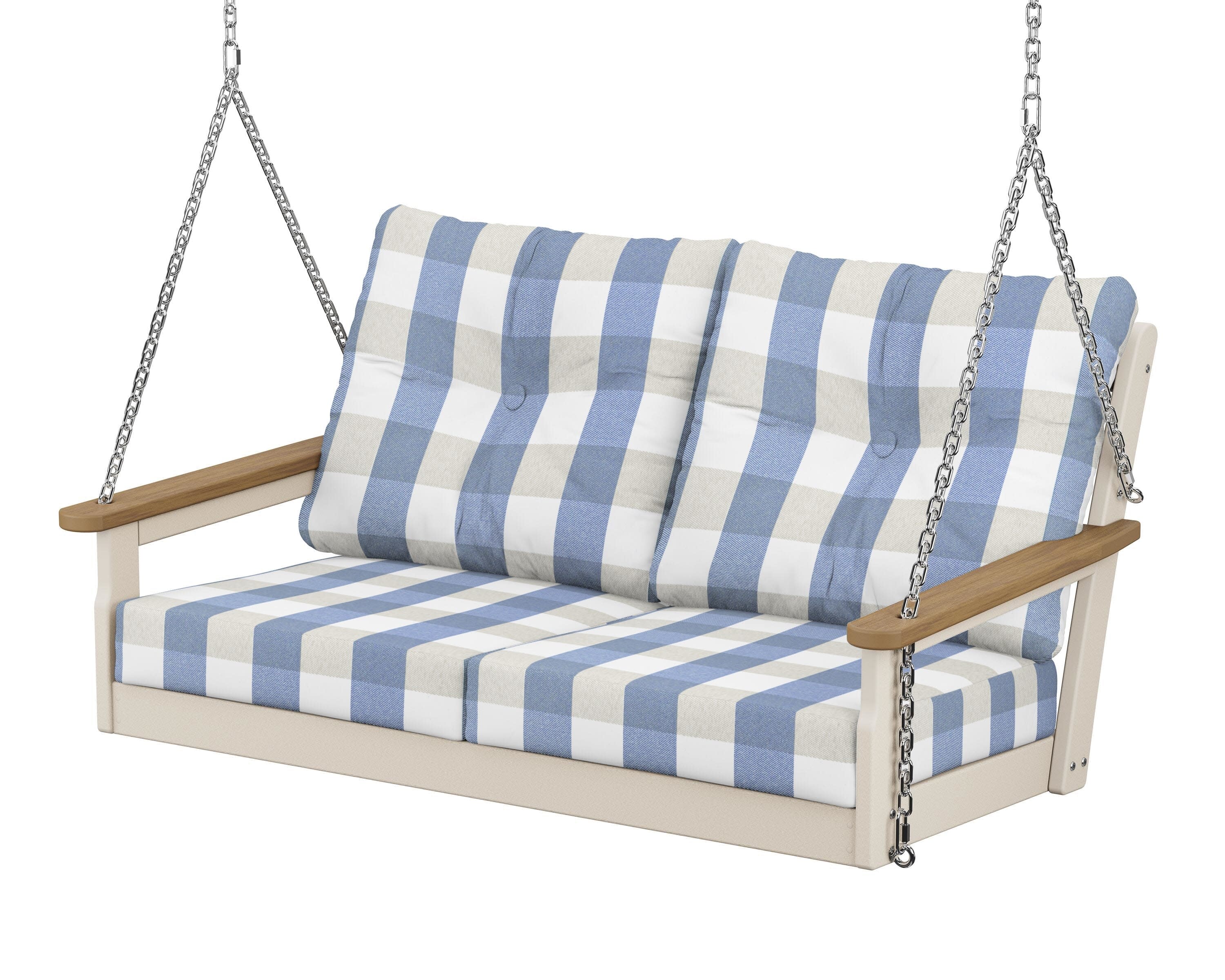 Vineyard Deep Seating Swing in Sand / Natural / Buffalo Plaid Sky Blue