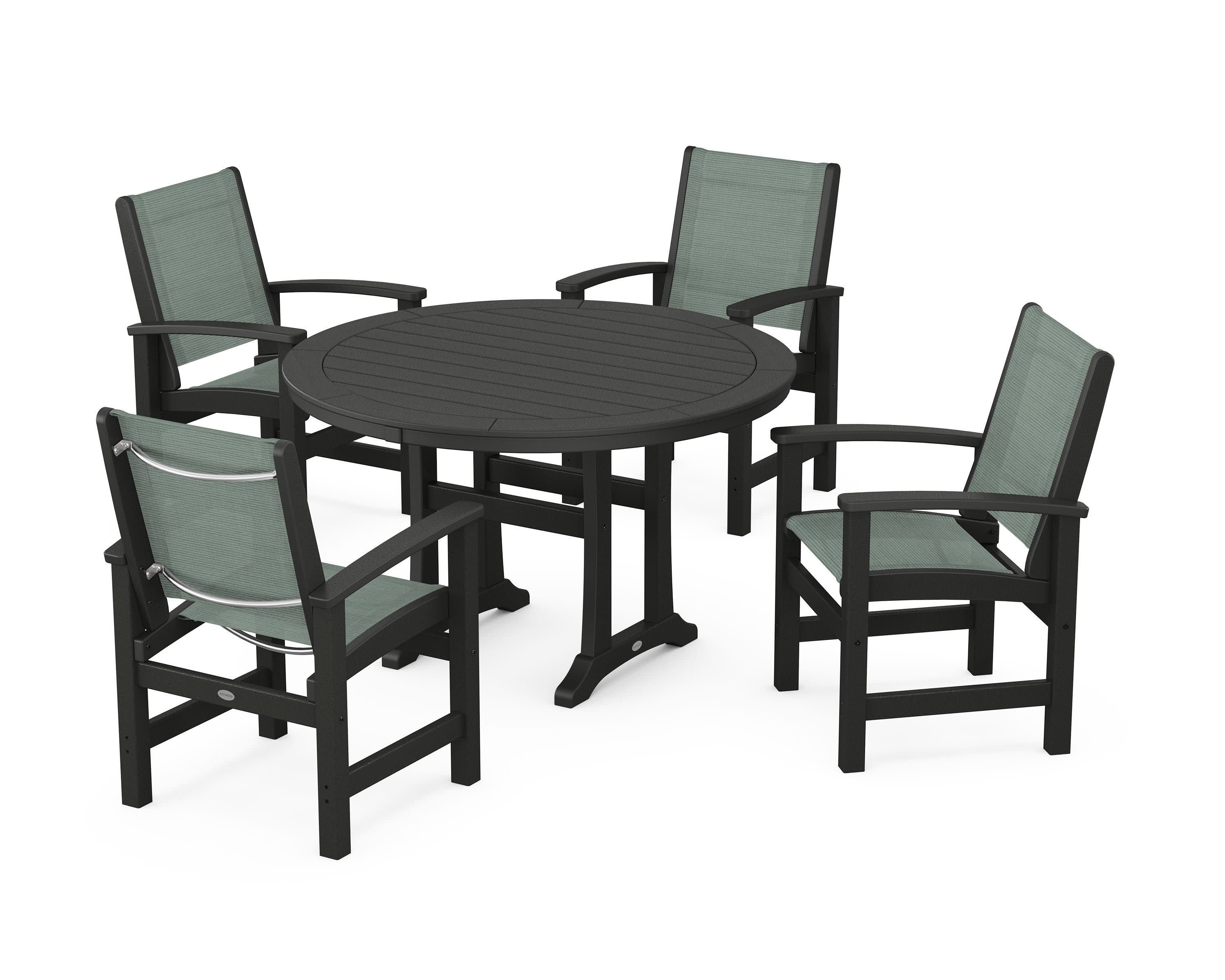 Coastal 5-Piece Round Dining Set with Trestle Legs in Black / Dupioni Sea Mist Sling