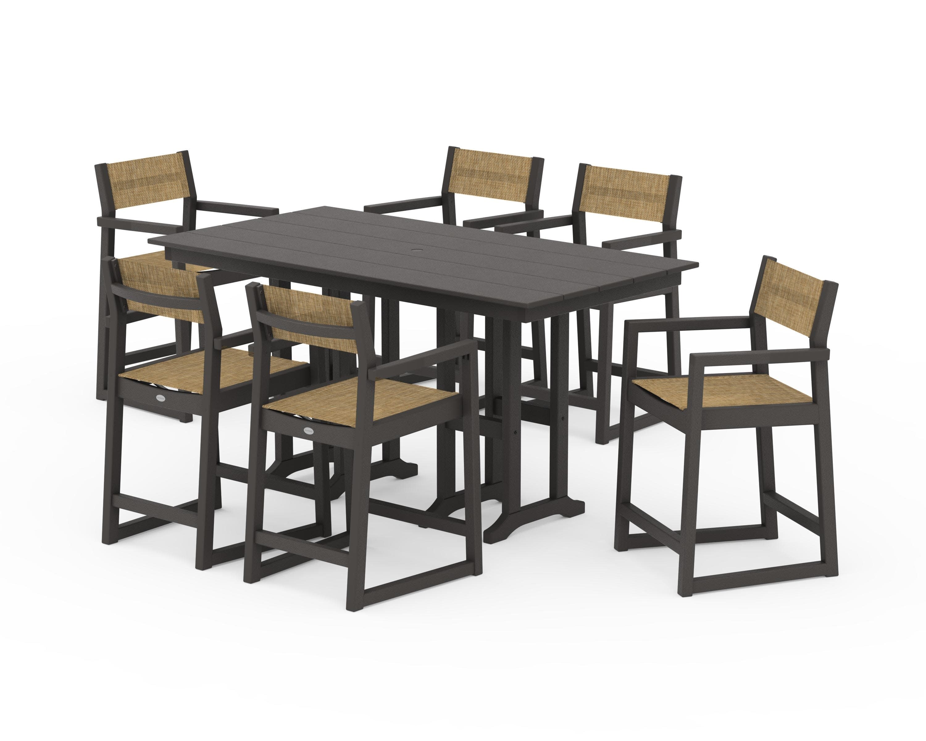EDGE Sling Arm Chair 7-Piece Farmhouse Counter Set in Vintage Coffee / Burlap Sling