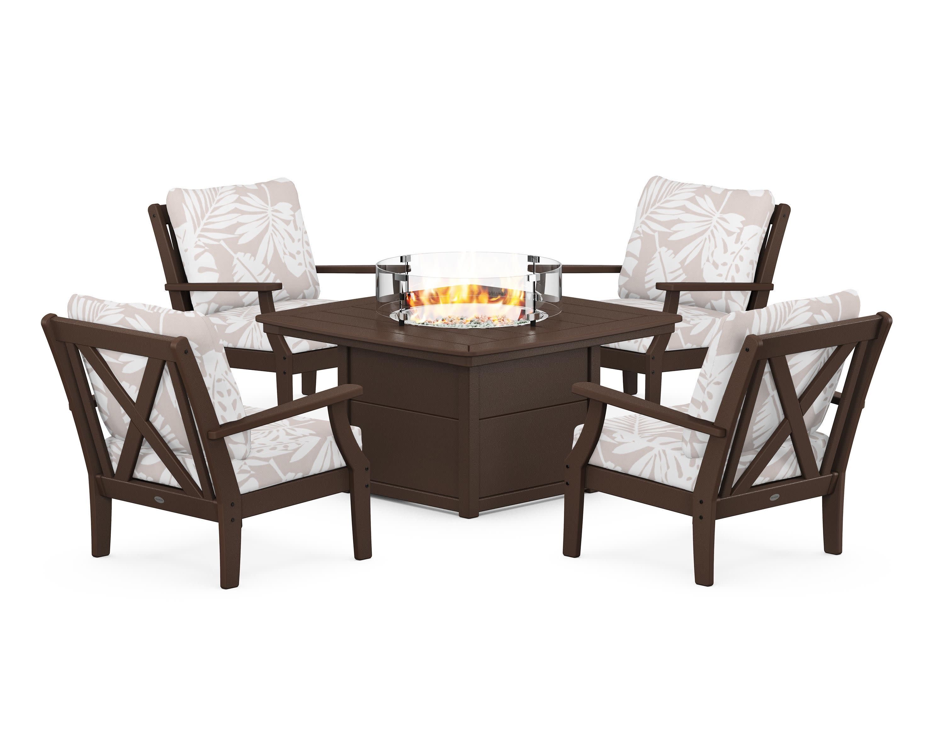 Braxton 5-Piece Deep Seating Conversation Set with Fire Pit Table in Mahogany / Leaf Dune Burlap