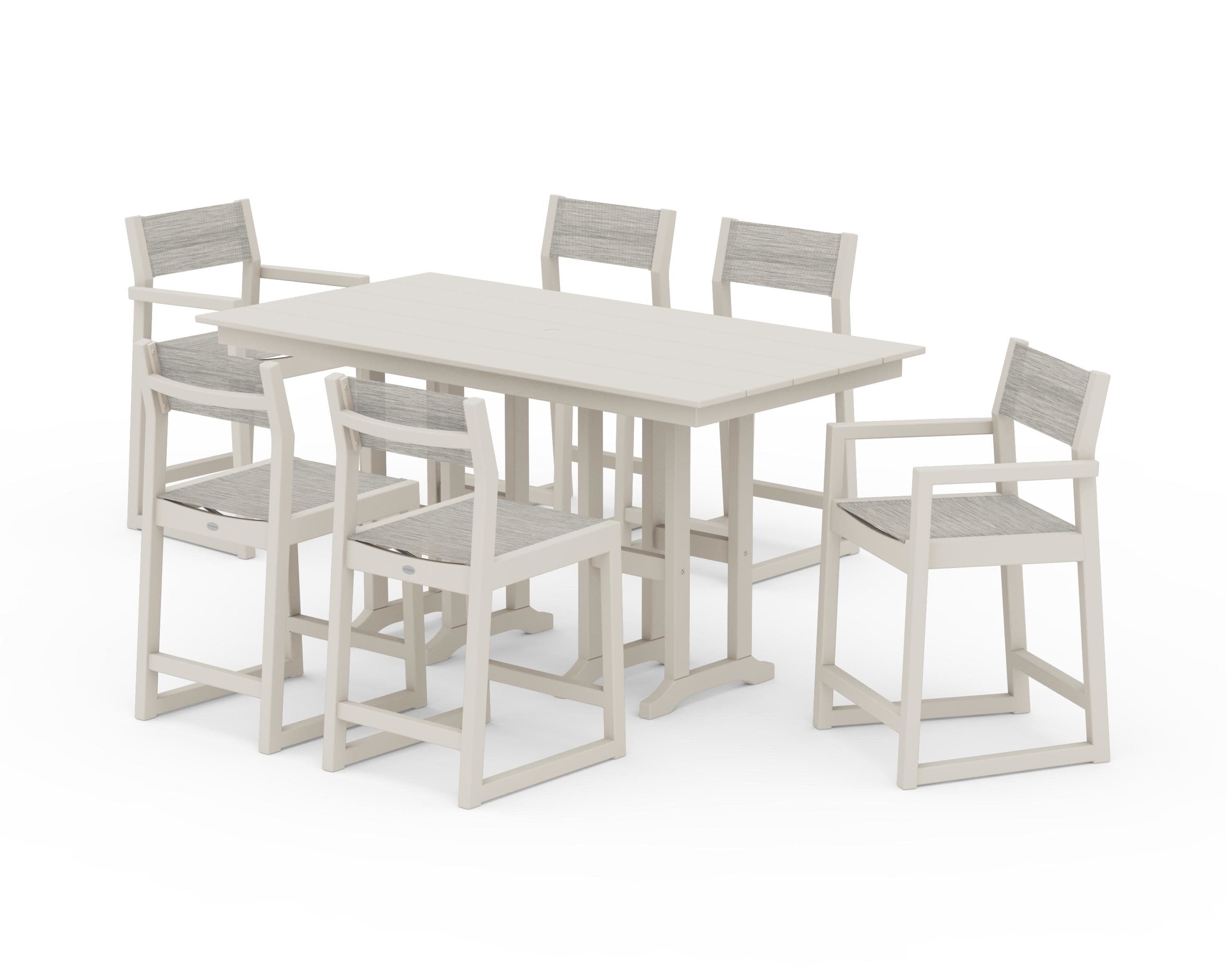 EDGE Sling 7-Piece Farmhouse Counter Set with Trestle Legs in Sand / Birch Sling