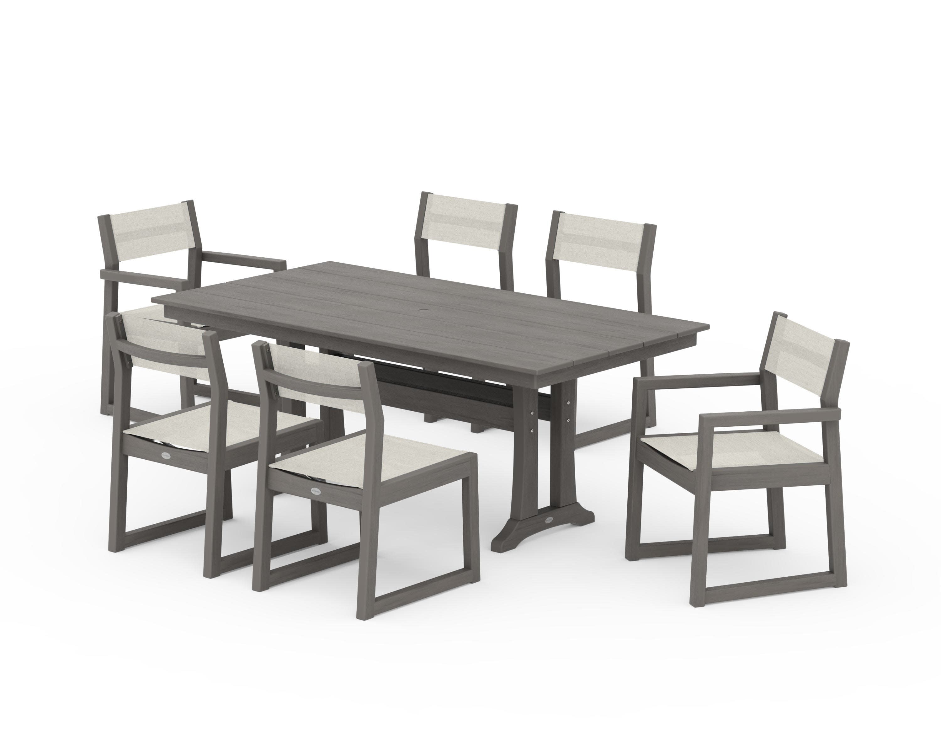 EDGE Sling 7-Piece Farmhouse Trestle Dining Set in Driftwood / Parchment Sling