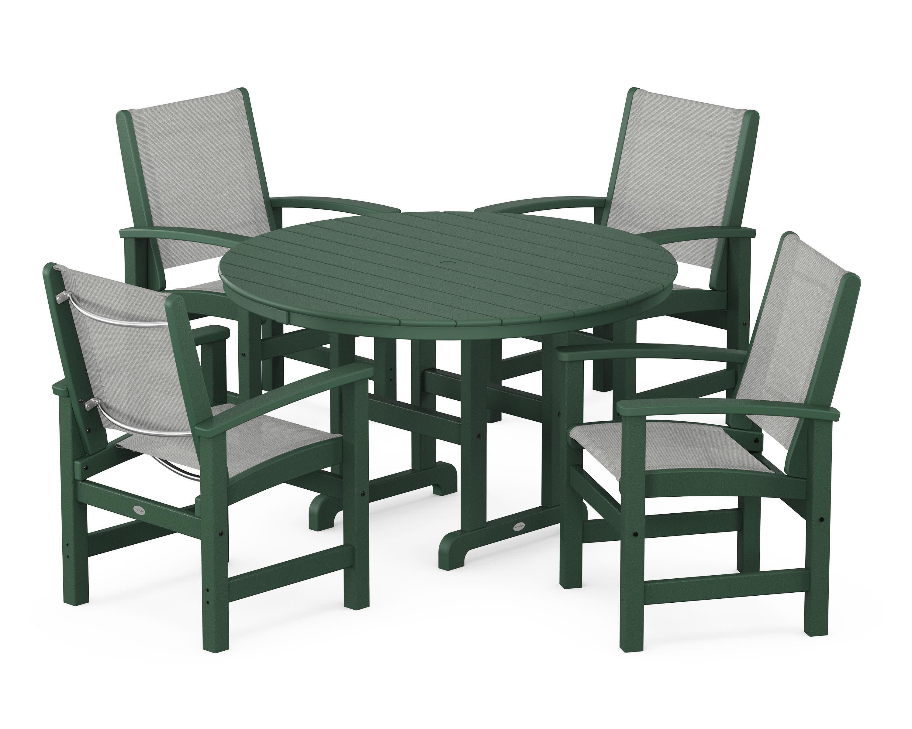 Coastal 5-Piece Round Farmhouse Dining Set in Green / Metallic Sling