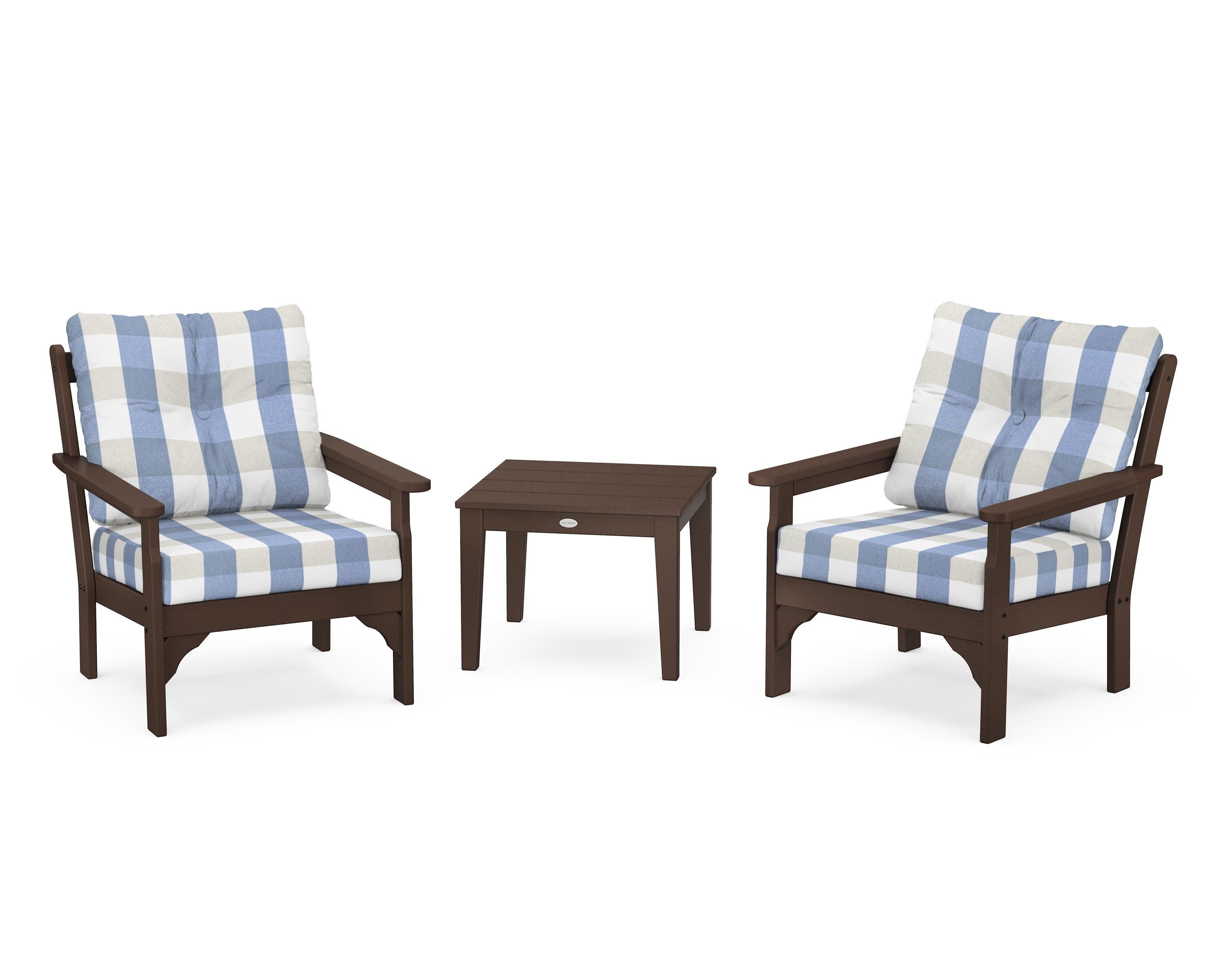 Vineyard 3-Piece Deep Seating Set in Mahogany / Buffalo Plaid Sky Blue