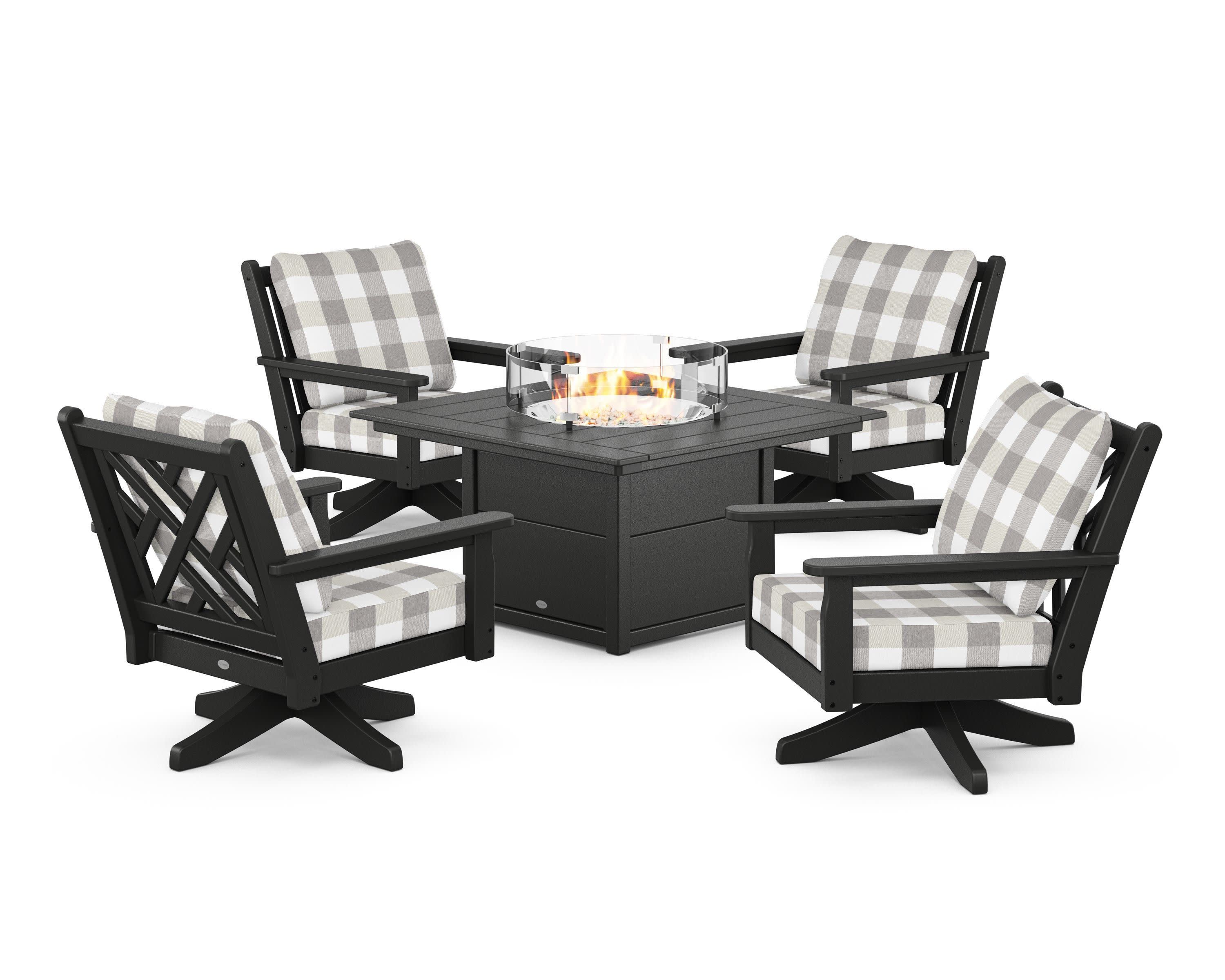 Chippendale 5-Piece Deep Seating Swivel Conversation Set with Fire Pit Table in Black / Buffalo Plaid Grey Mist