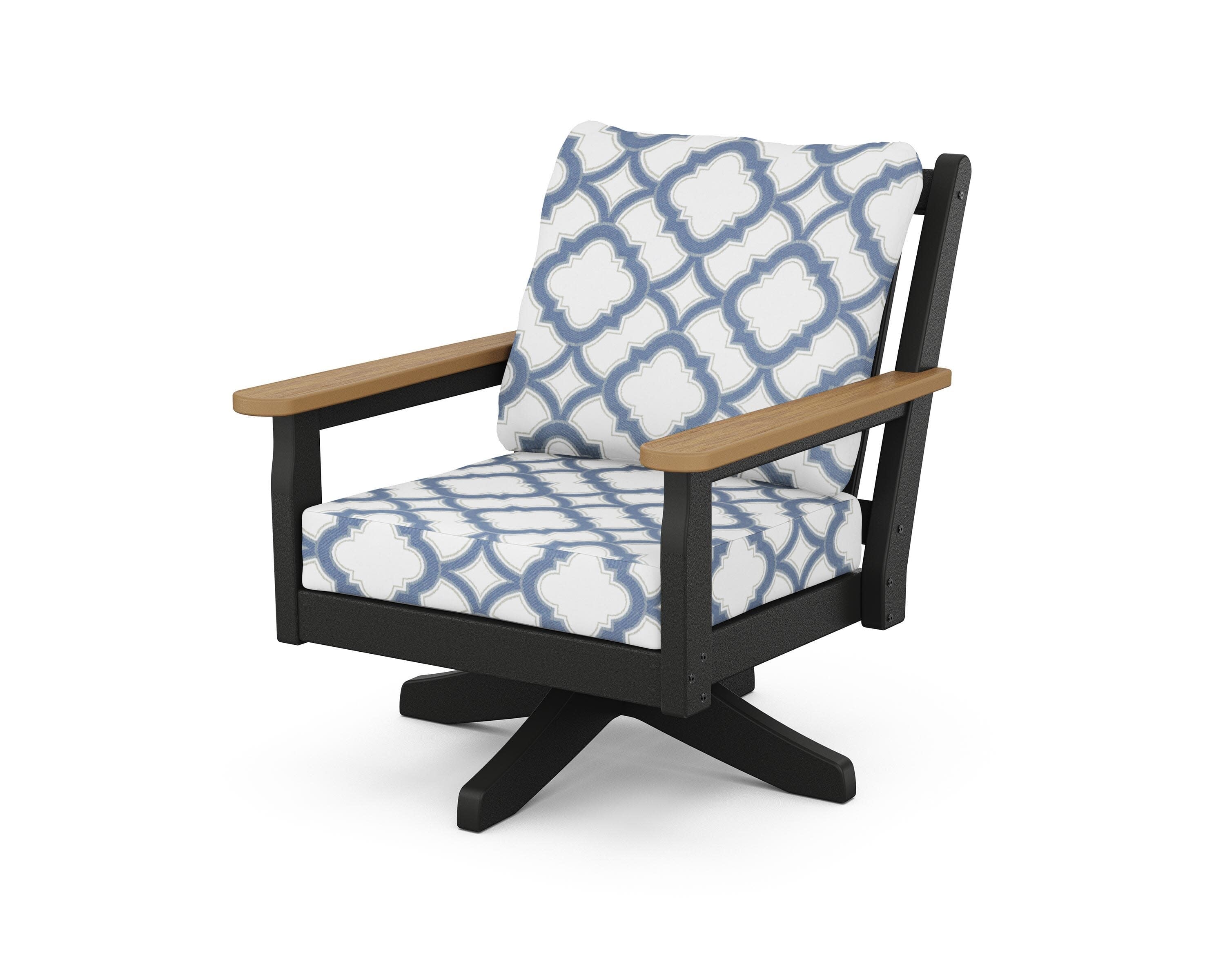 Chippendale Deep Seating Swivel Chair in Black / Natural / Trellis Sky Blue