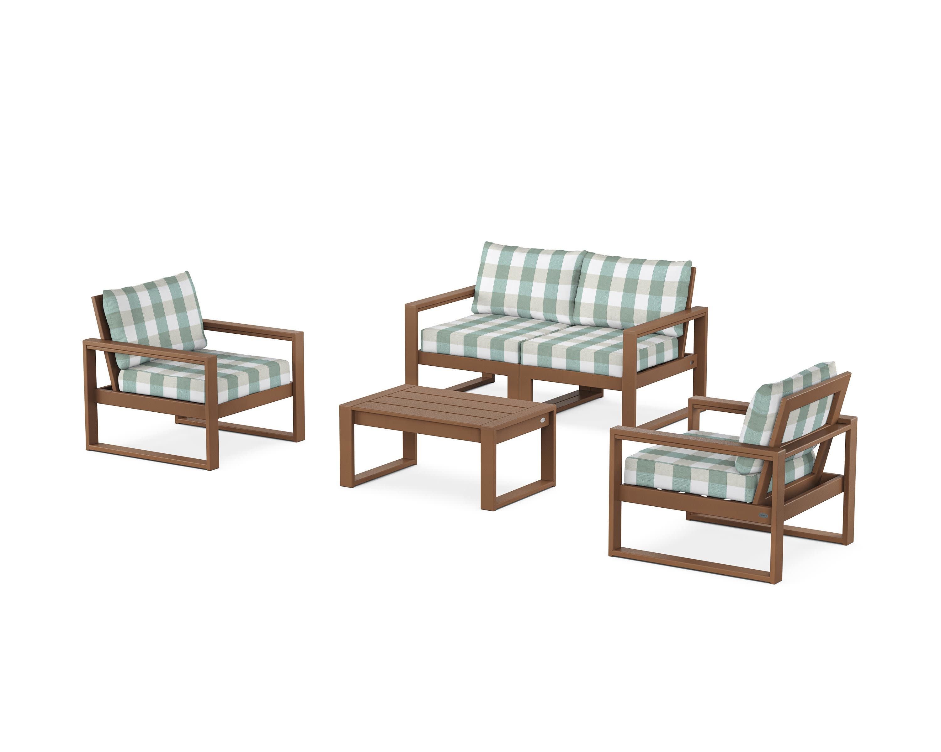 EDGE Sectional 4-Piece Deep Seating Set with Loveseat in Teak / Buffalo Plaid Glacier Spa