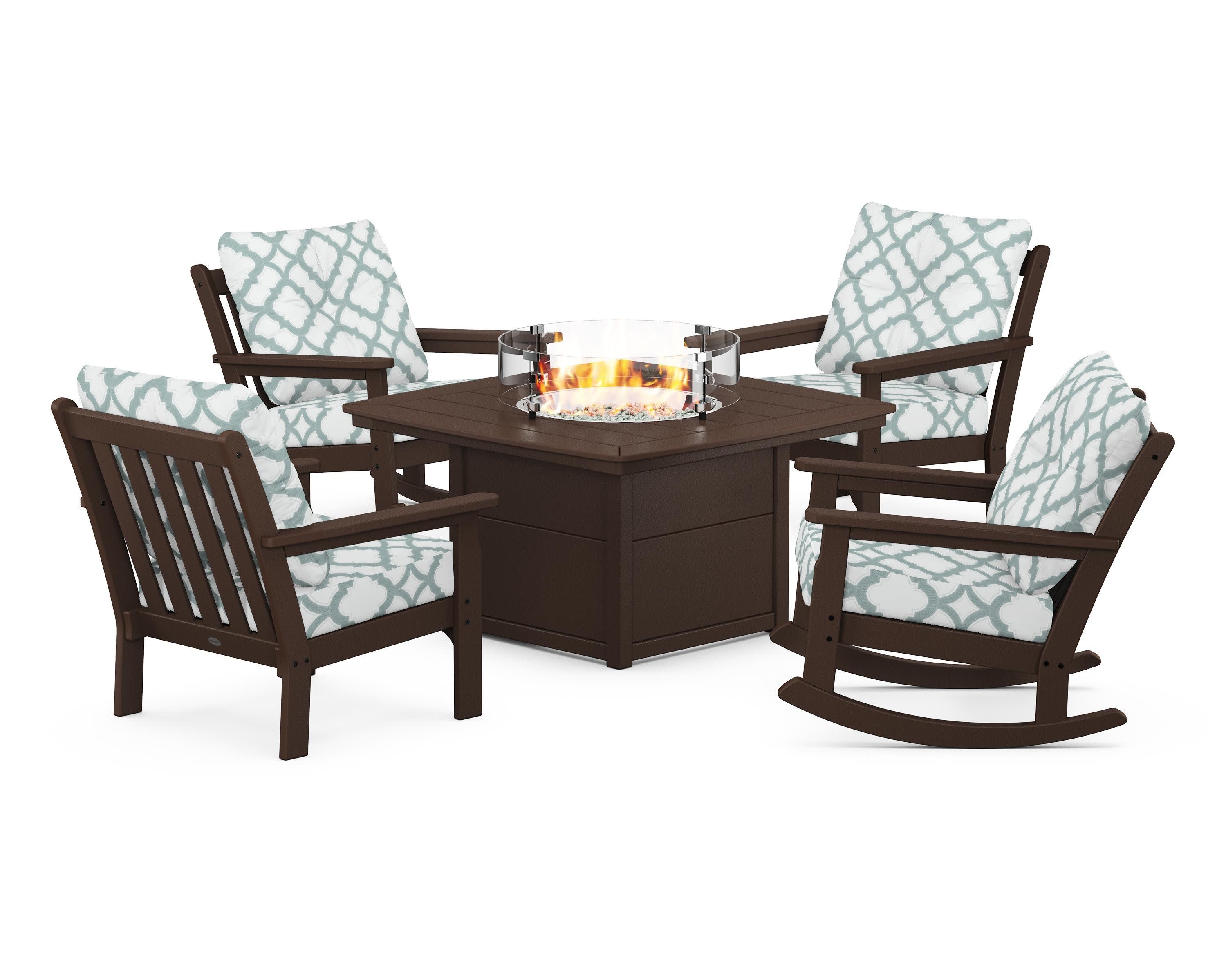 Vineyard 5-Piece Deep Seating Rocking Chair Conversation Set with Fire Pit Table in Mahogany / Trellis Glacier Spa