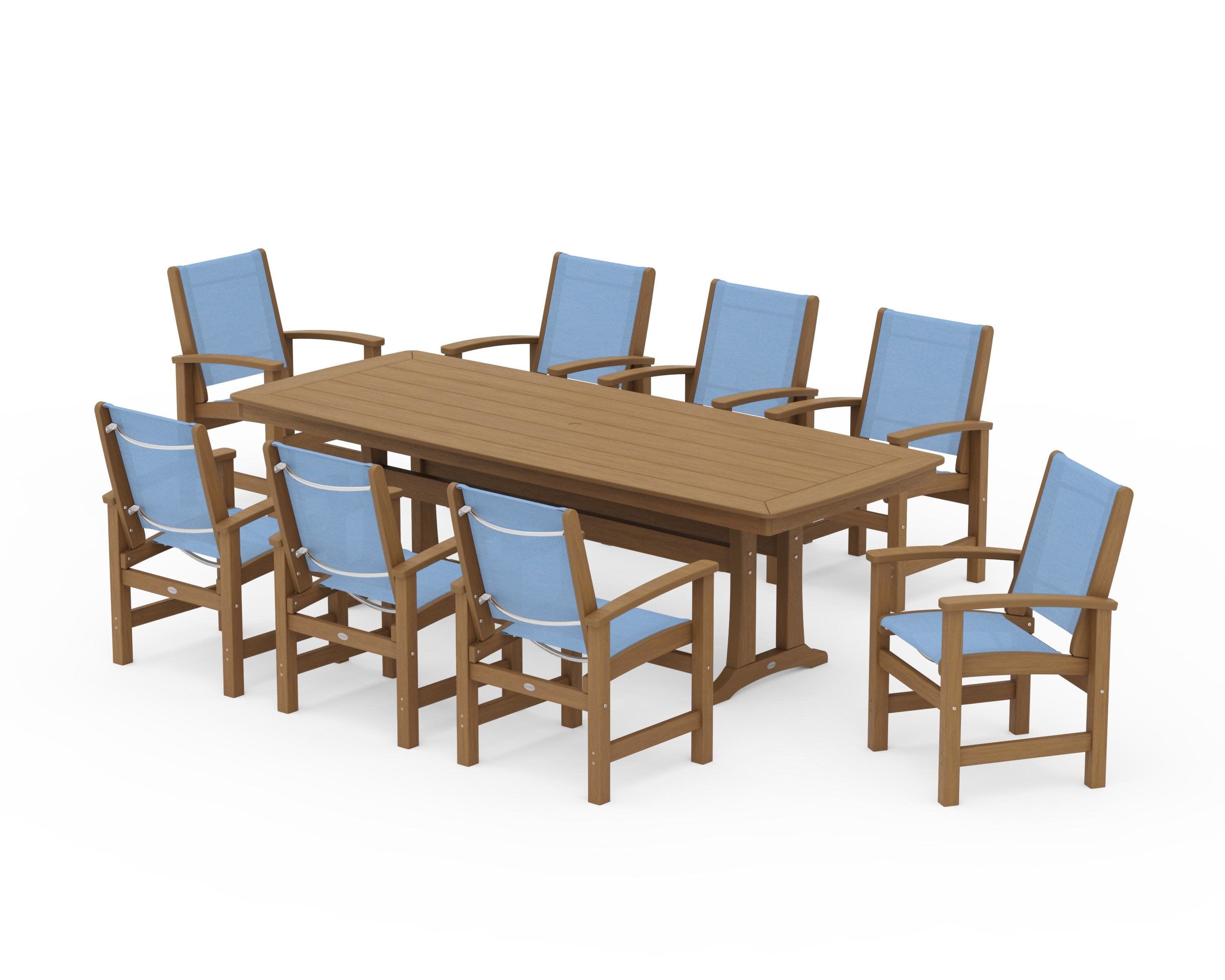 Coastal 9-Piece Dining Set with Trestle Legs in Natural / Poolside Sling