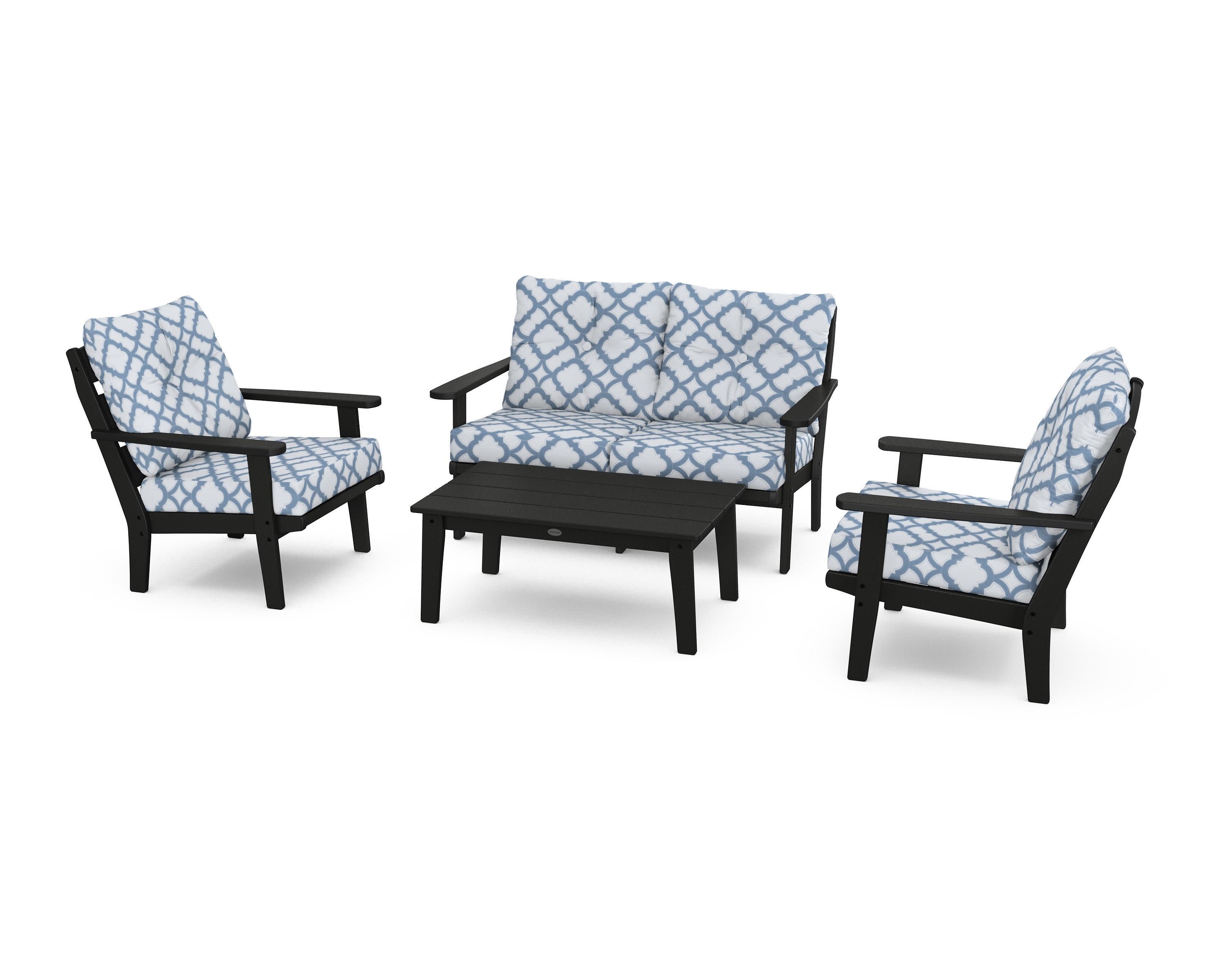 Lakeside 4-Piece Deep Seating Set in Black / Trellis Sky Blue