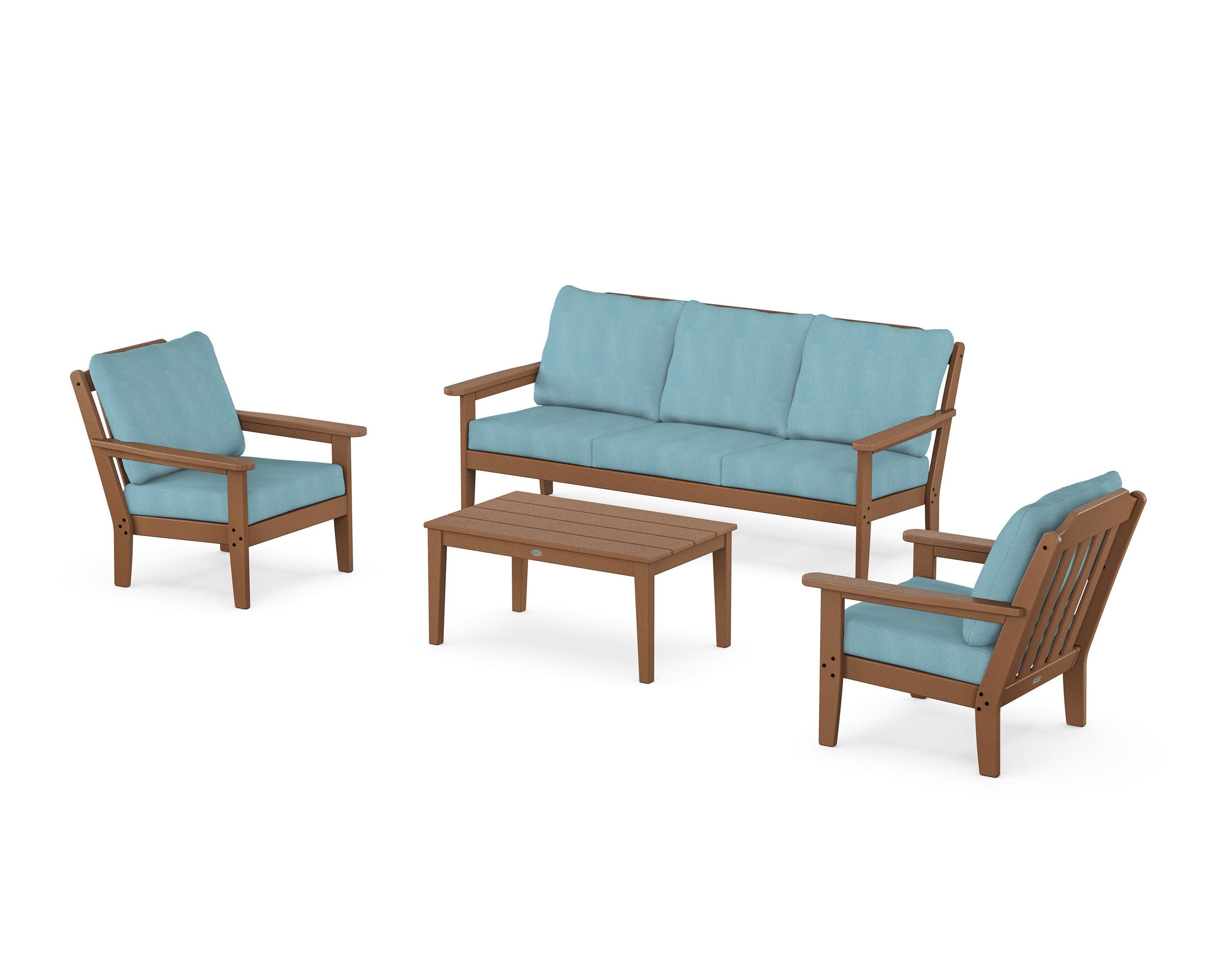 Cottage 4-Piece Deep Seating Set with Sofa in Teak / Lattice Sky Blue