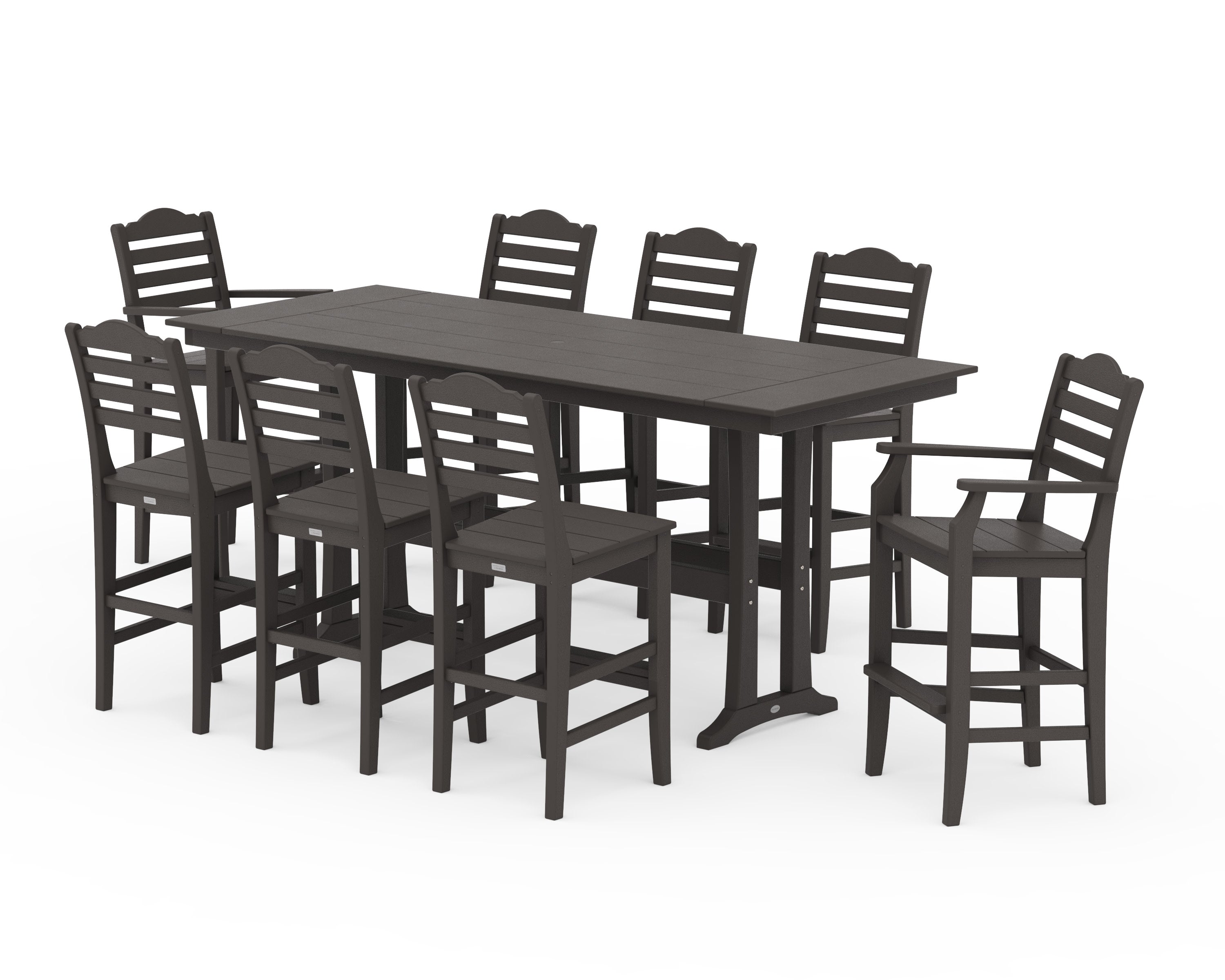 Savannah 9-Piece Farmhouse Bar Set with Trestle Legs in Vintage Coffee