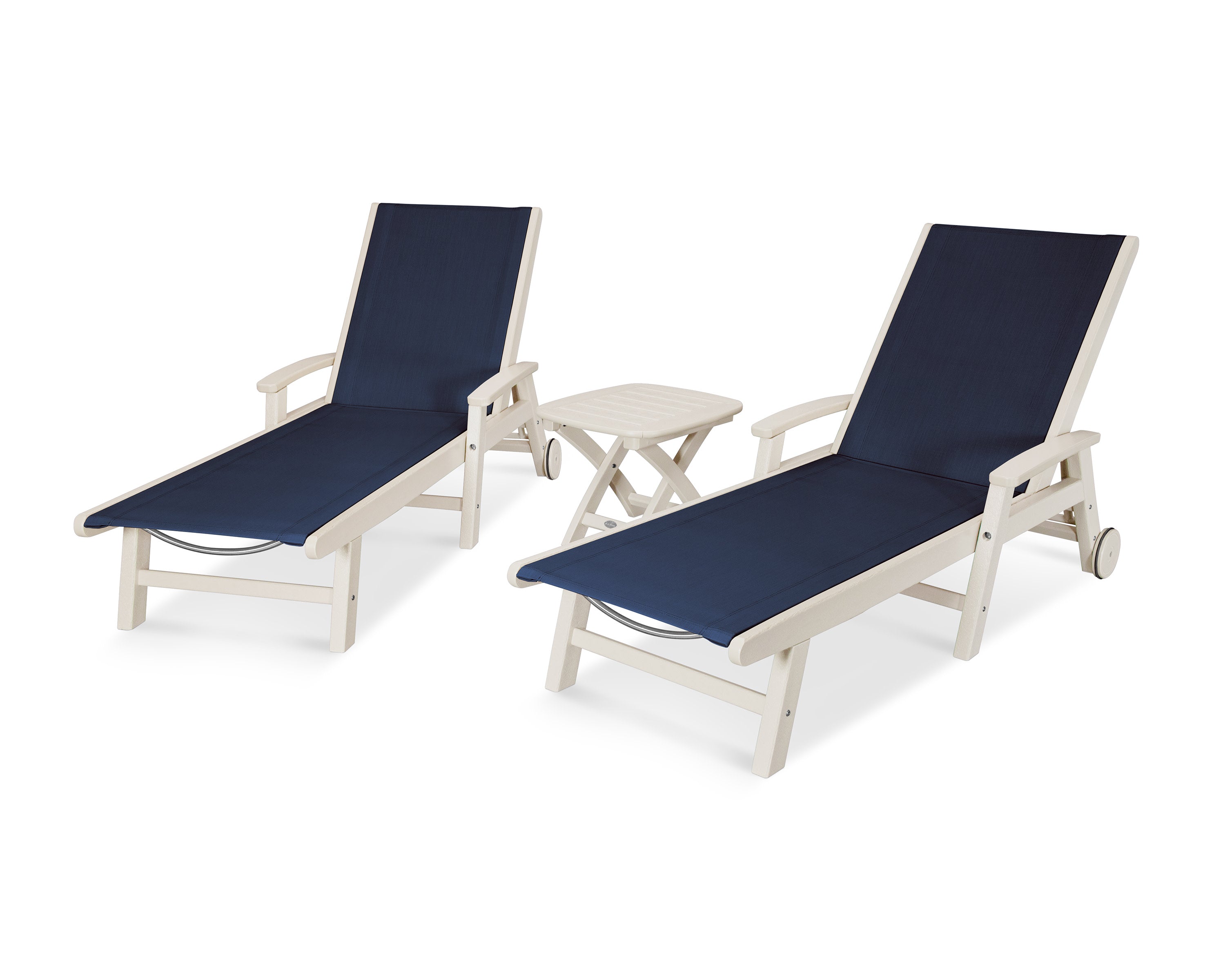 Coastal 3-Piece Wheeled Chaise Set in Sand / Navy Blue Sling